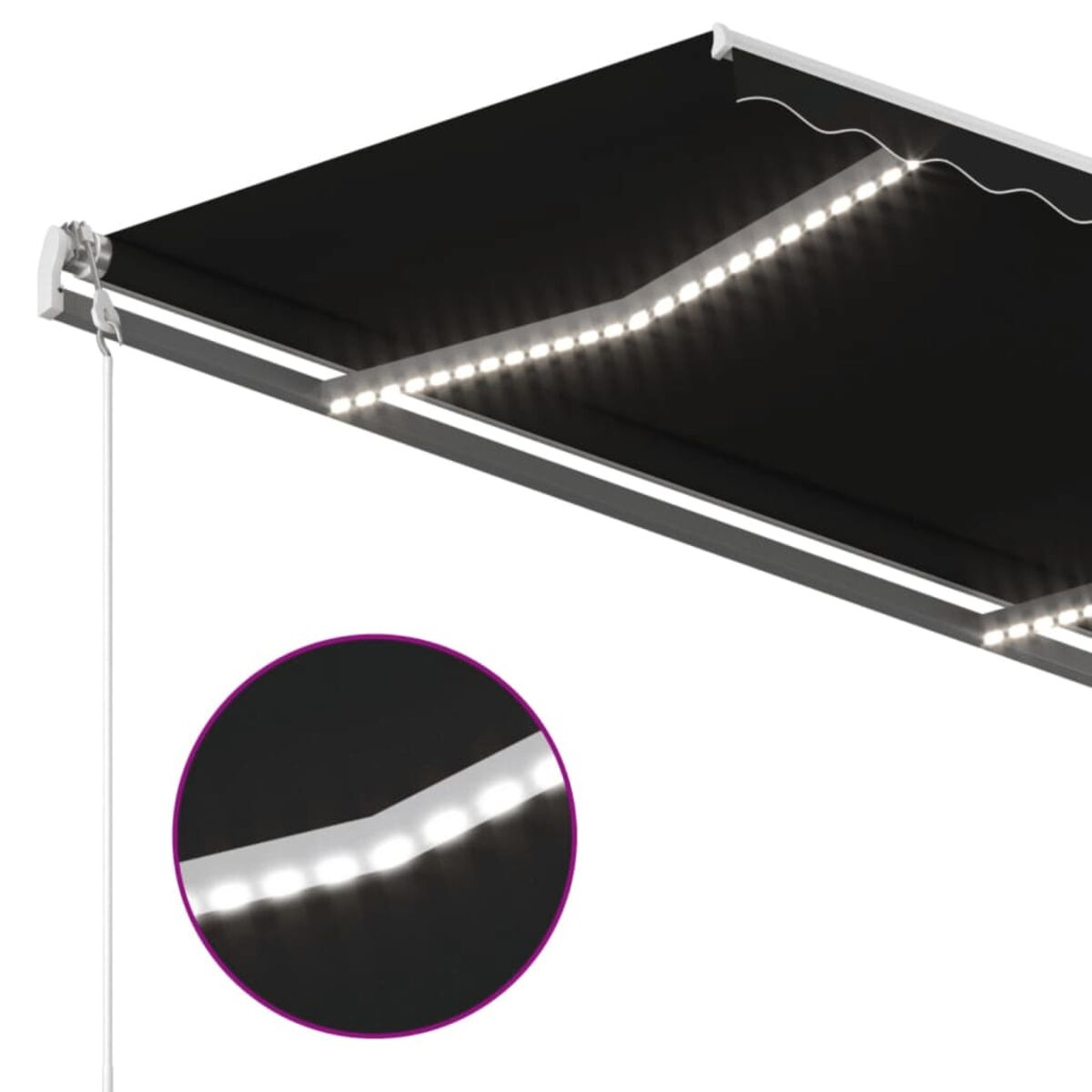 Schwarze Markise mit weißen Lichtern unten. Ein Kreis vergrößert die Lichter. Weißer Hintergrund.