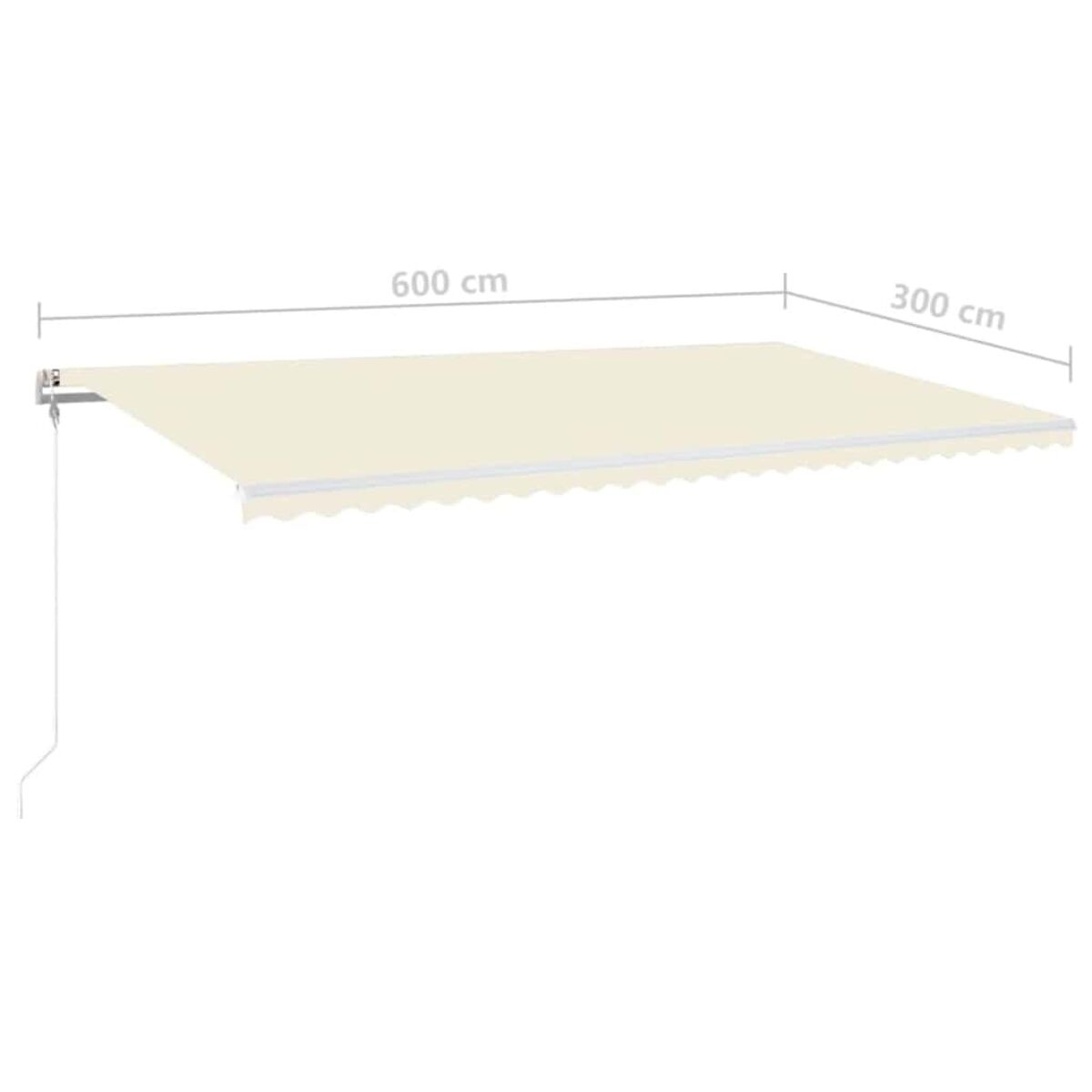 Beige Markise, ausgefahren, mit den Maßen 600 cm x 300 cm.