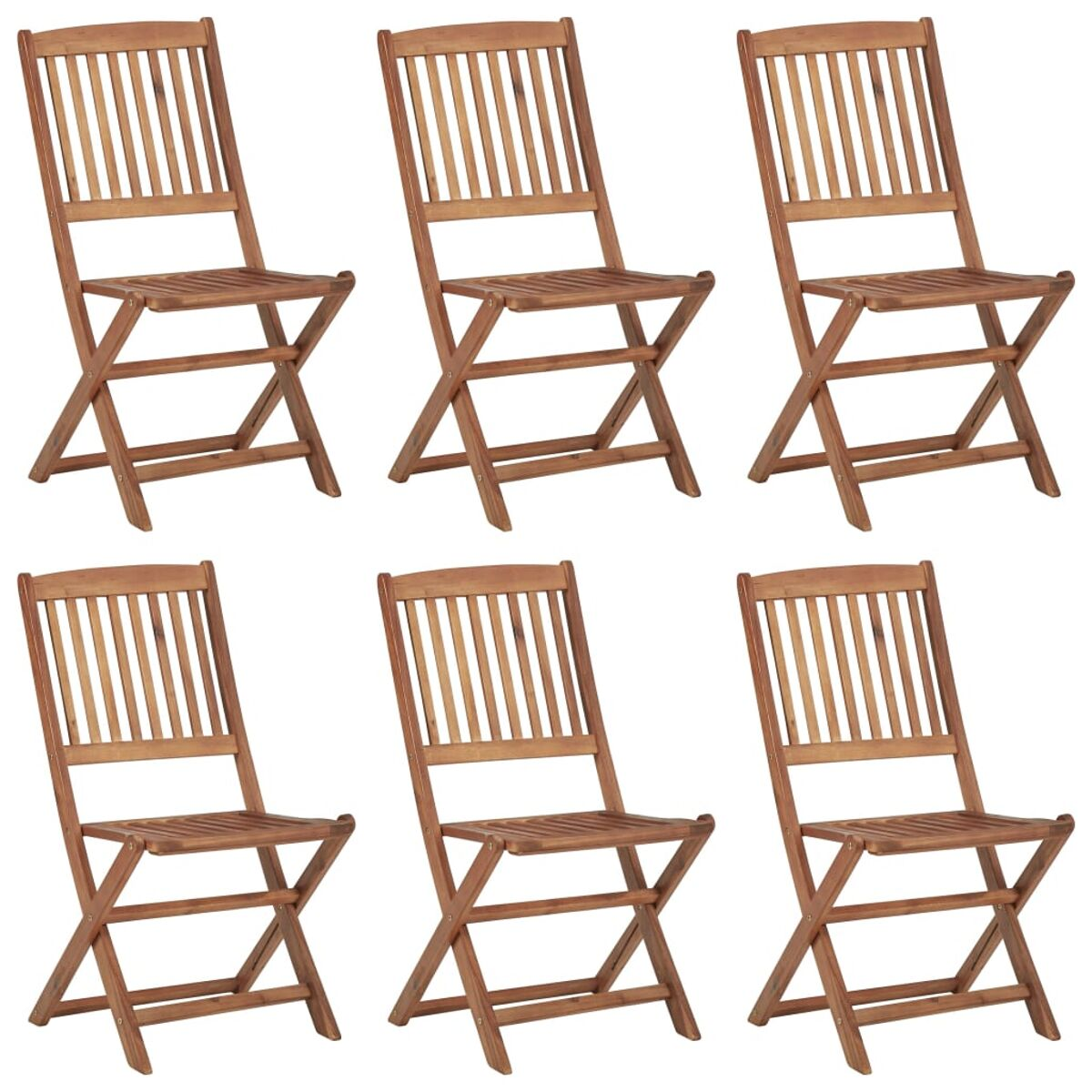 Sechs Holz-Klappstühle in einer Reihe. Sie sind braun und vor weißem Hintergrund.