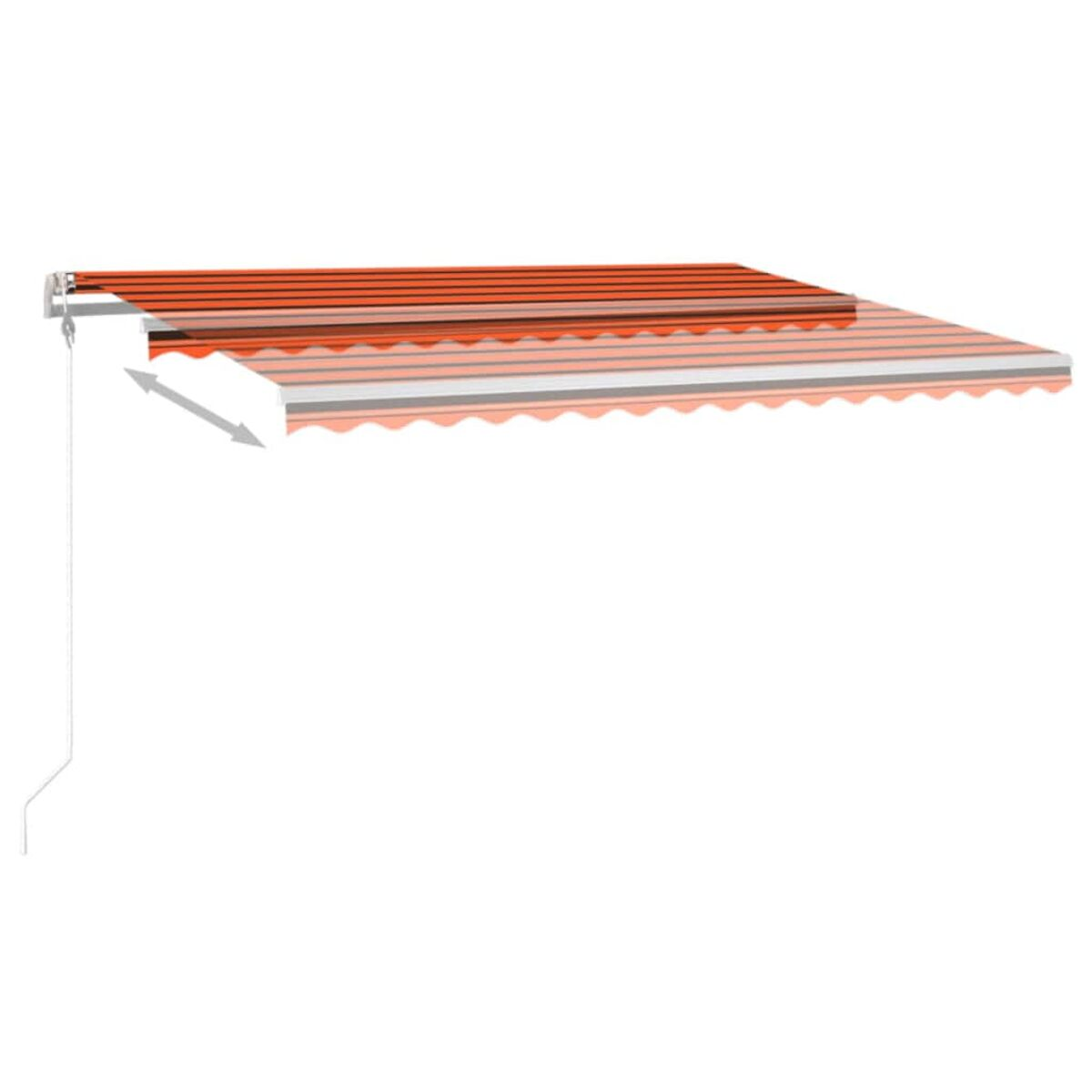 Orange und weiß gestreifte ausziehbare Markise. Weißer Hintergrund.