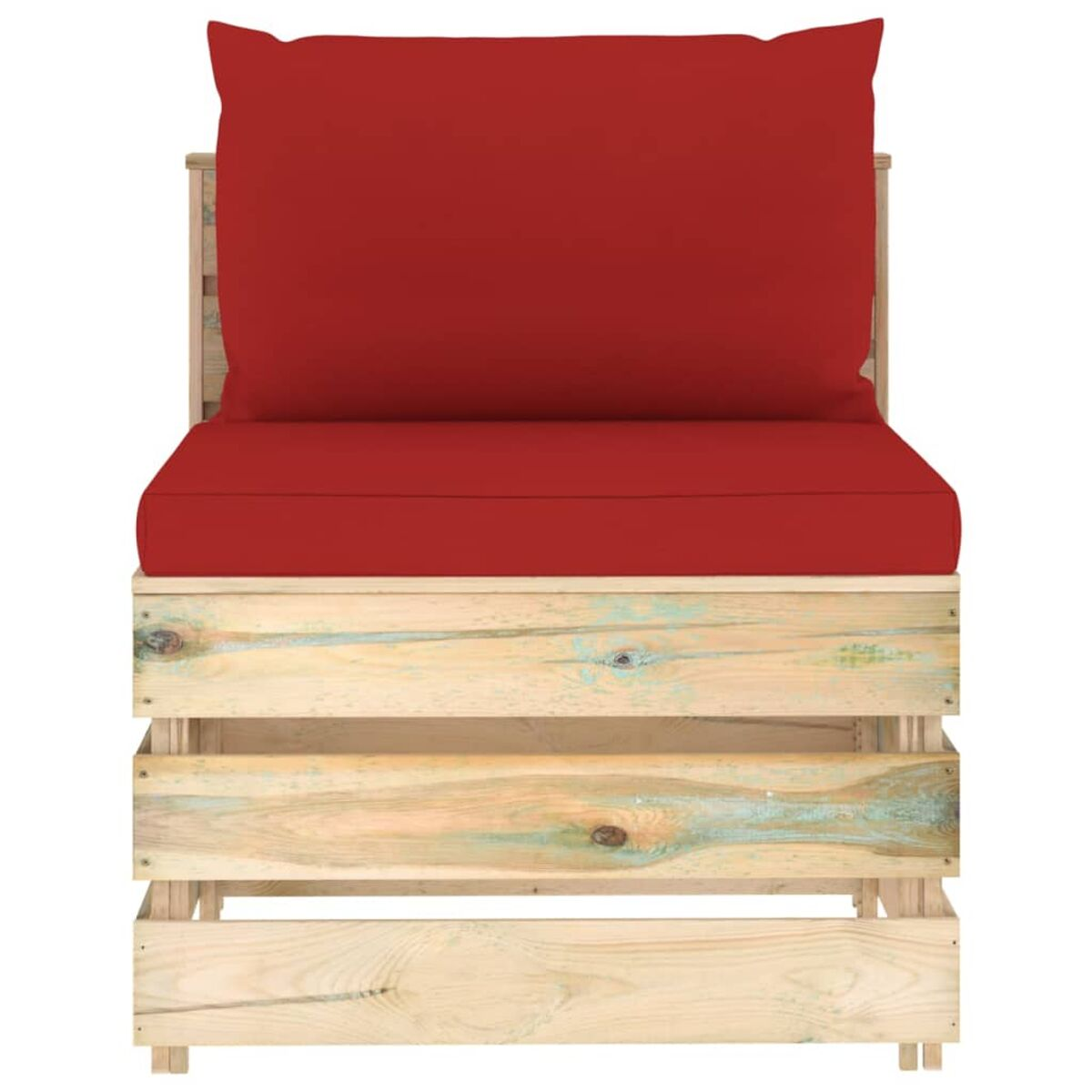 Ein Holzpalettenstuhl mit rotem Kissen und Rückenlehne.