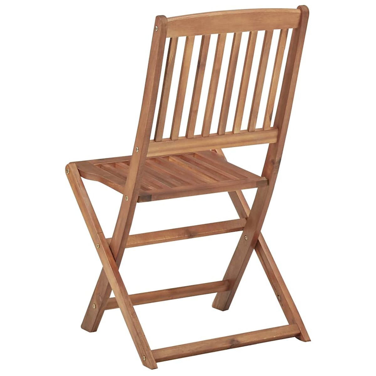 Holz-Klappstuhl, von hinten gesehen. Er hat eine Lattenlehne und ein gekreuztes Bein-Design.