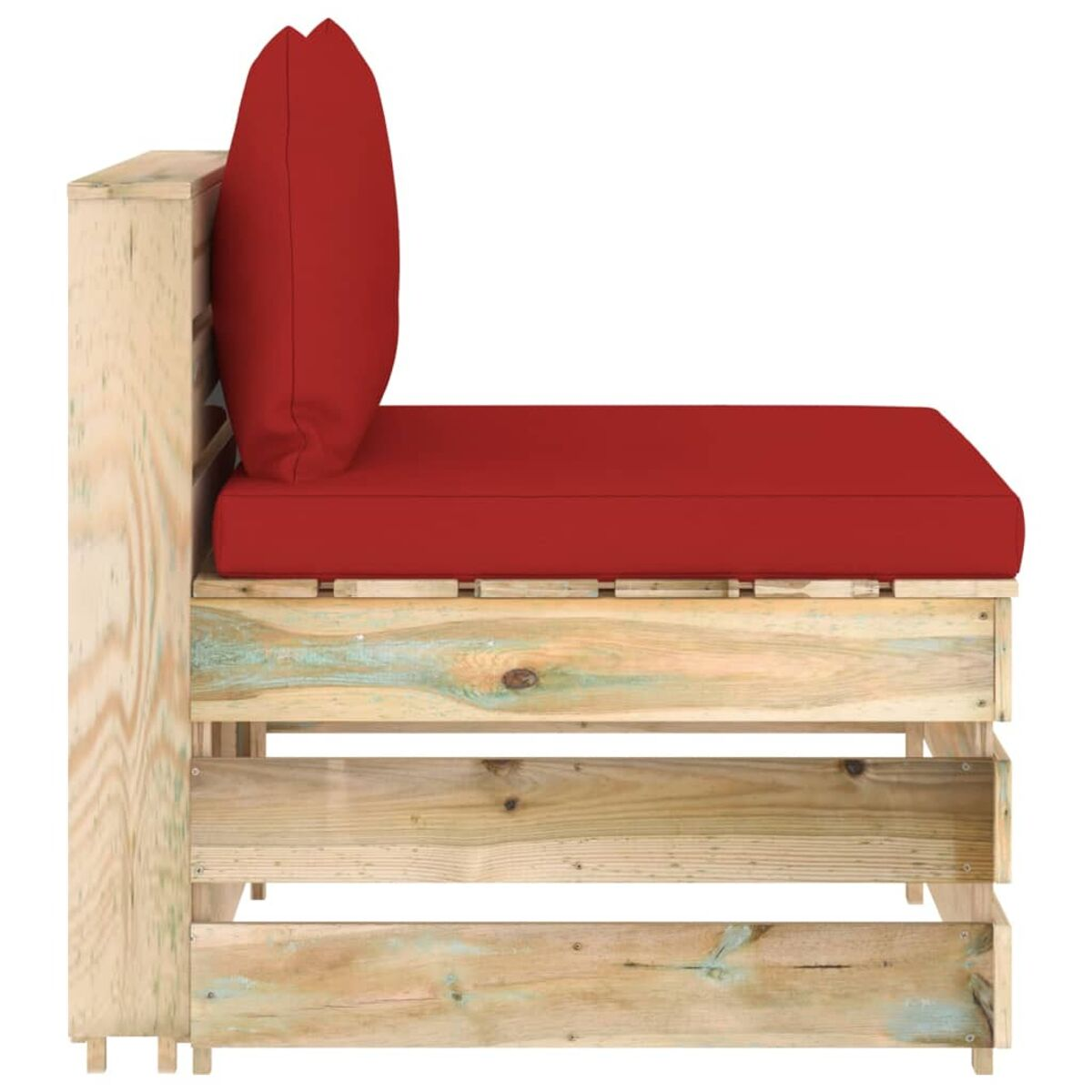 Ein Palettensofa mit rotem Kissen und Rückenlehne. Das Sofa ist aus Holz.