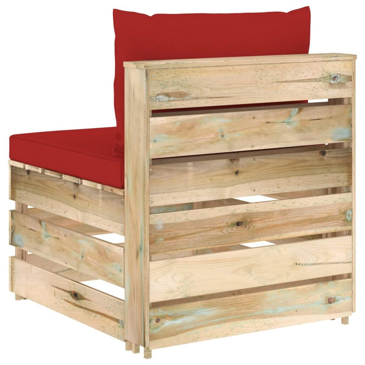 Holzpalettenstuhl mit roten Kissen, Gartenmöbel.