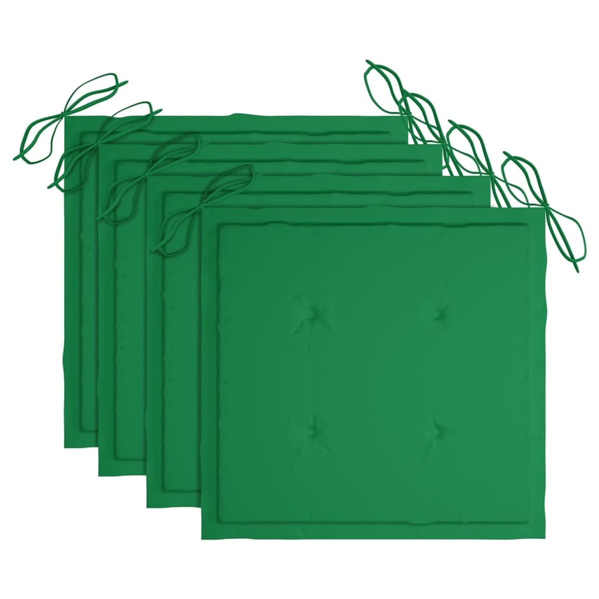 Vier grüne Sitzkissen mit Bindebändern. Der Hintergrund ist weiß.