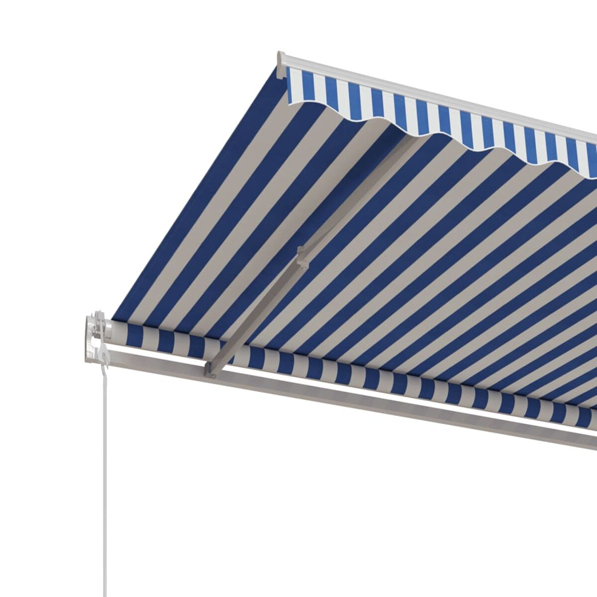 Blau-weiß gestreifte Markise. Die Markise ist ausgefahren, die Streifen horizontal.