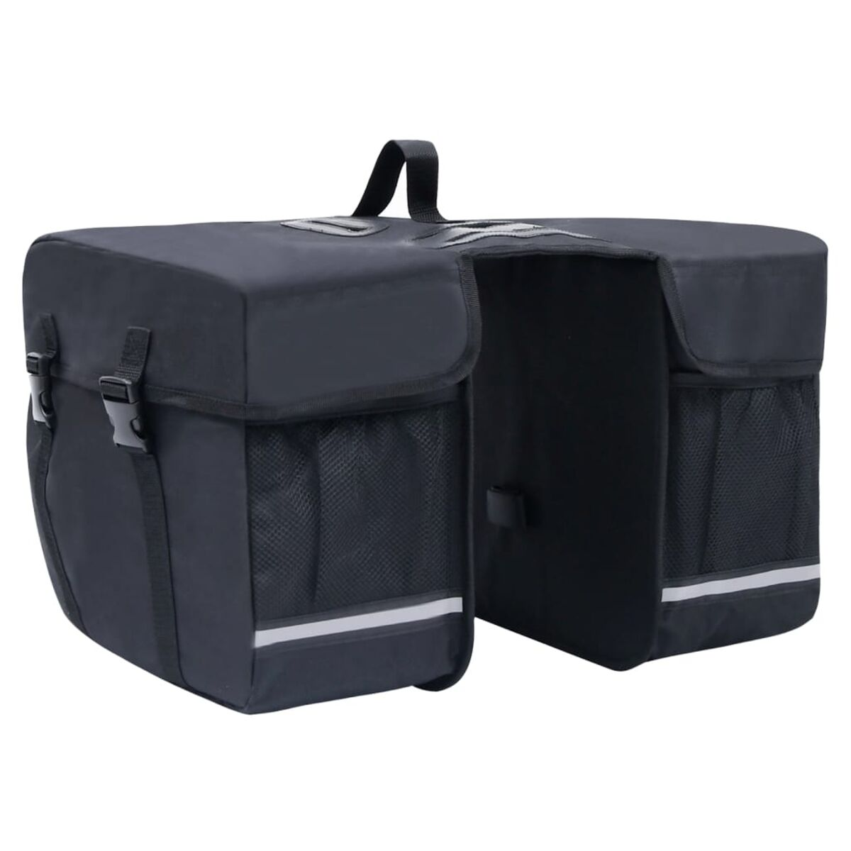 Schwarze Fahrradpacktaschen mit reflektierenden Streifen und Netztaschen.
