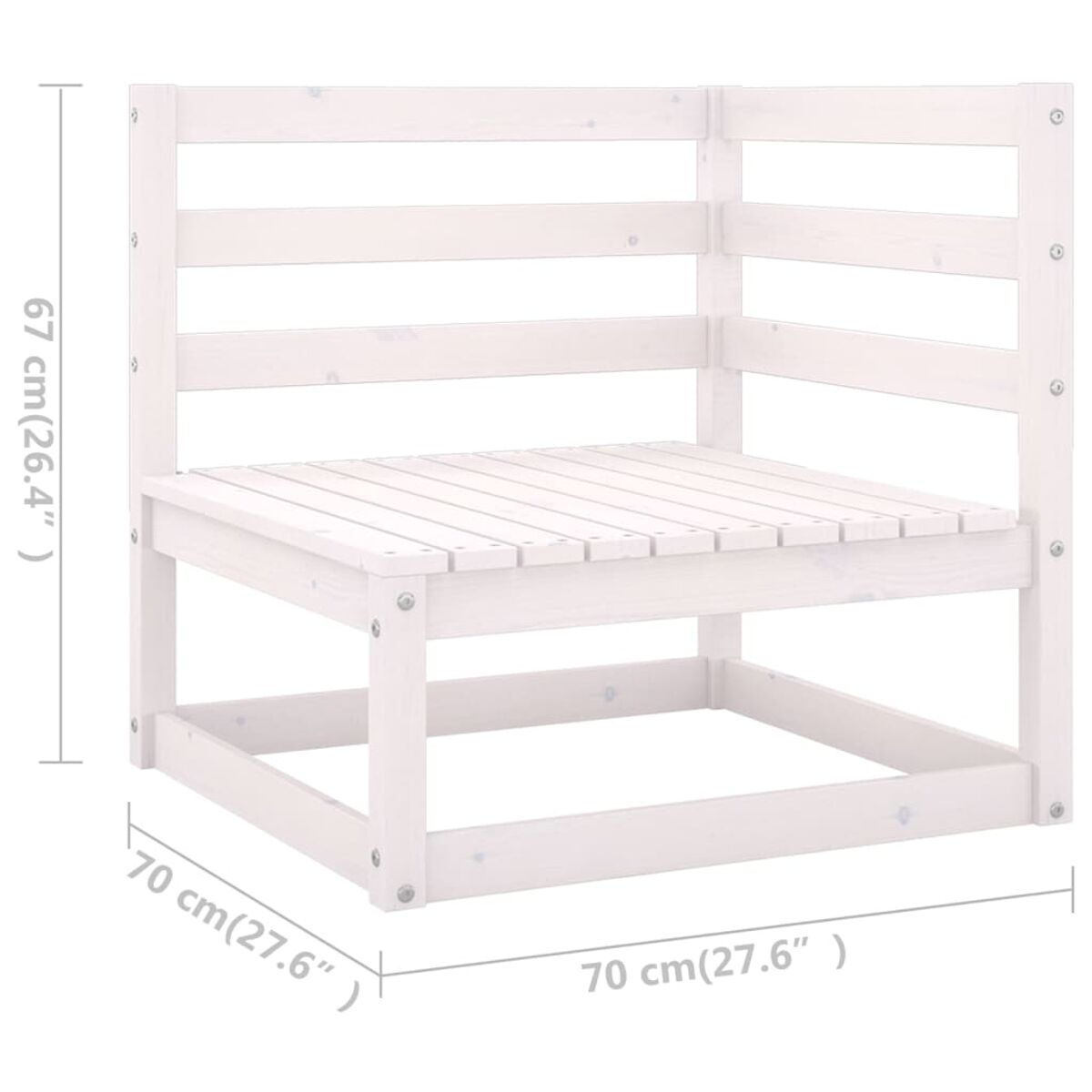 Weißes Ecksofa aus Holz. Abmessungen sind 70x70x67cm. Ein modernes Möbelstück.