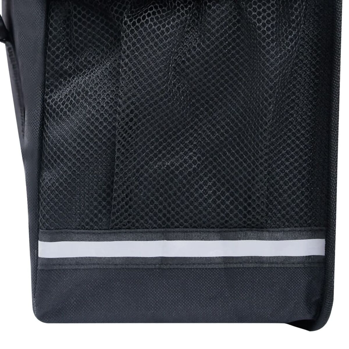 Schwarze Fahrradtasche mit Netztasche und reflektierendem Streifen.