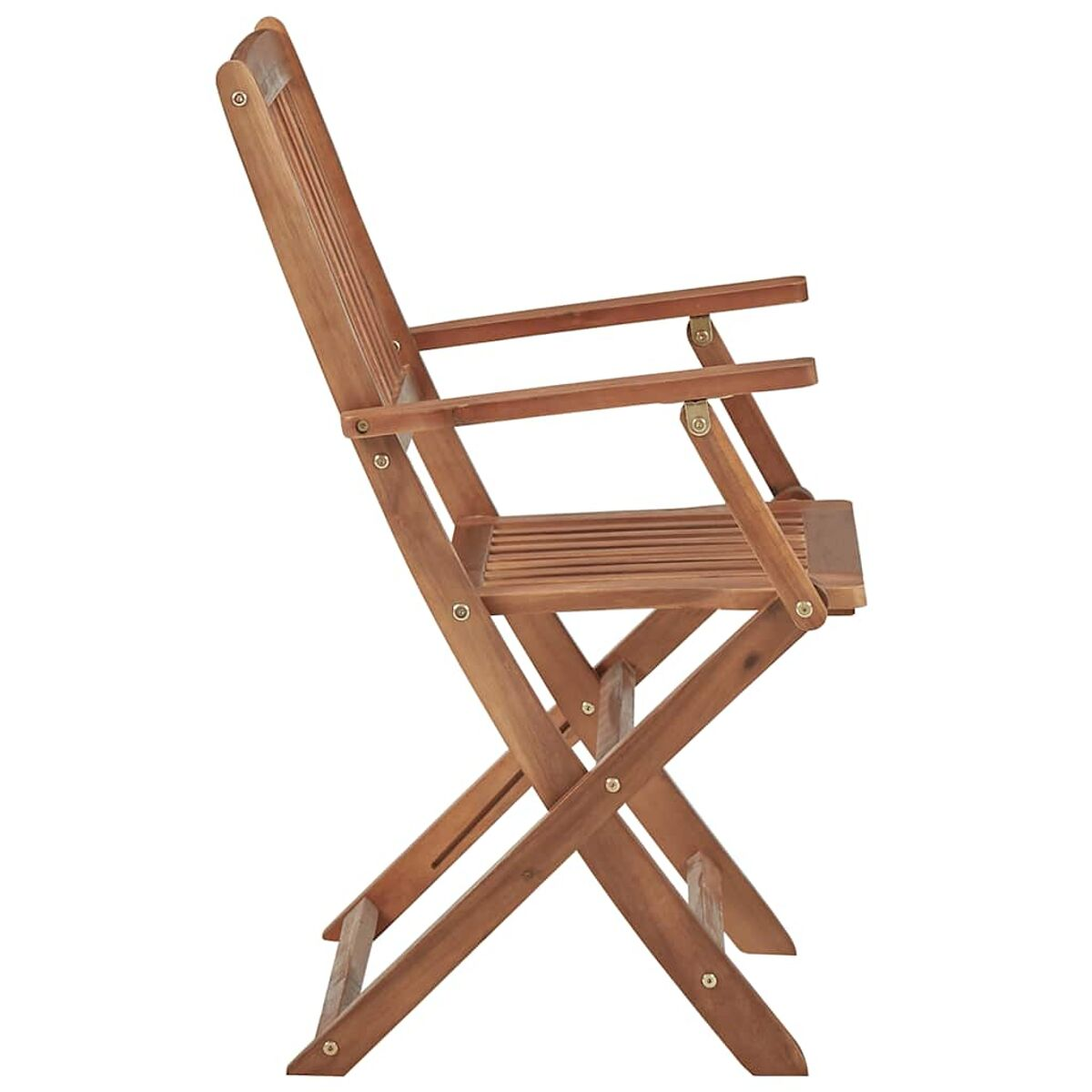 Klappstuhl aus Holz, Seitenansicht. Braunes Holz mit Armlehnen.