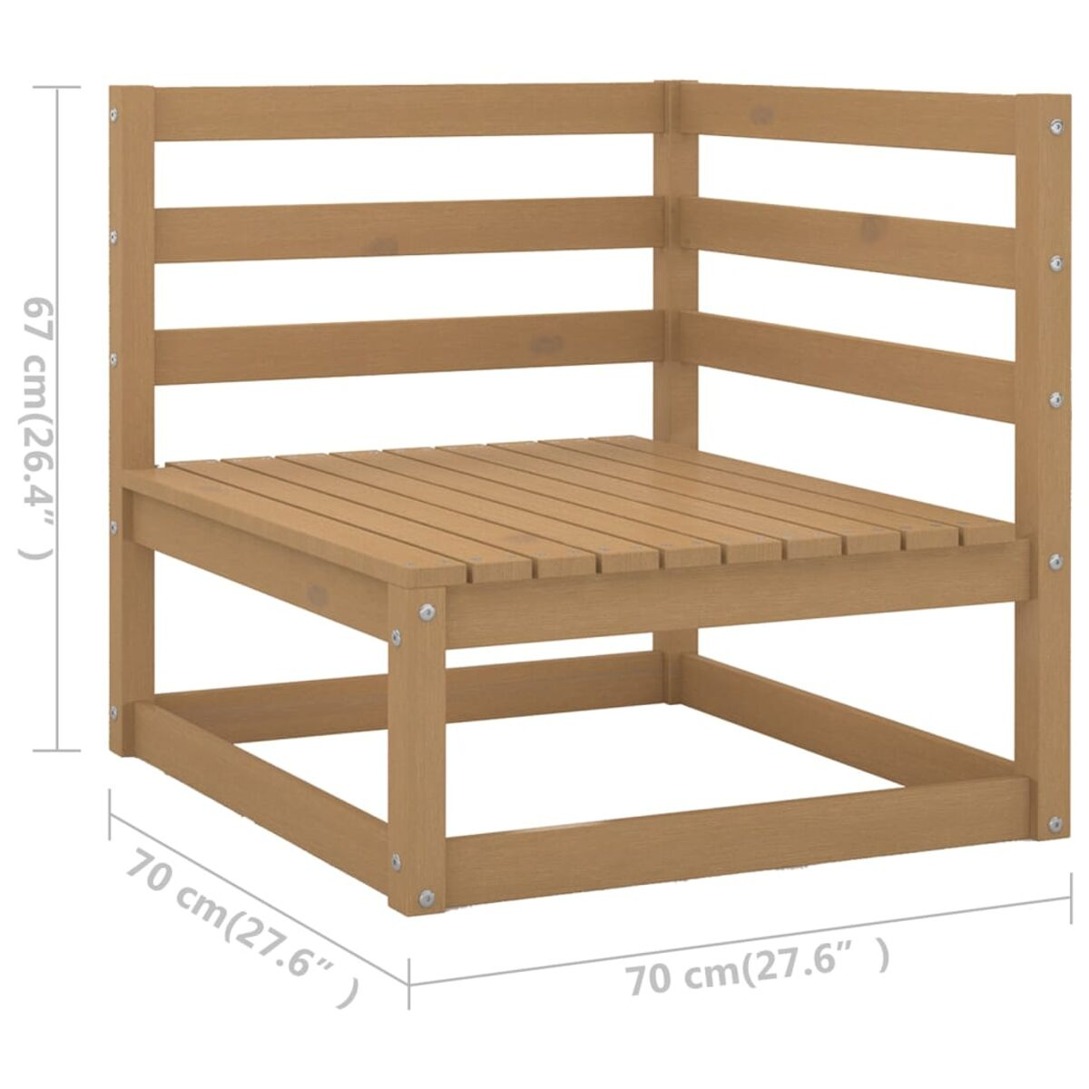 Ecksofa aus Holz mit Maßen in cm und Zoll, auf weißem Hintergrund.