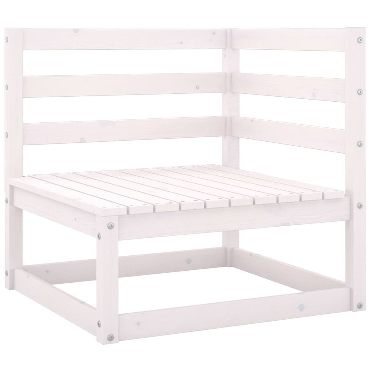 Weißer Eckstuhl aus Holz mit horizontalen Lamellen.