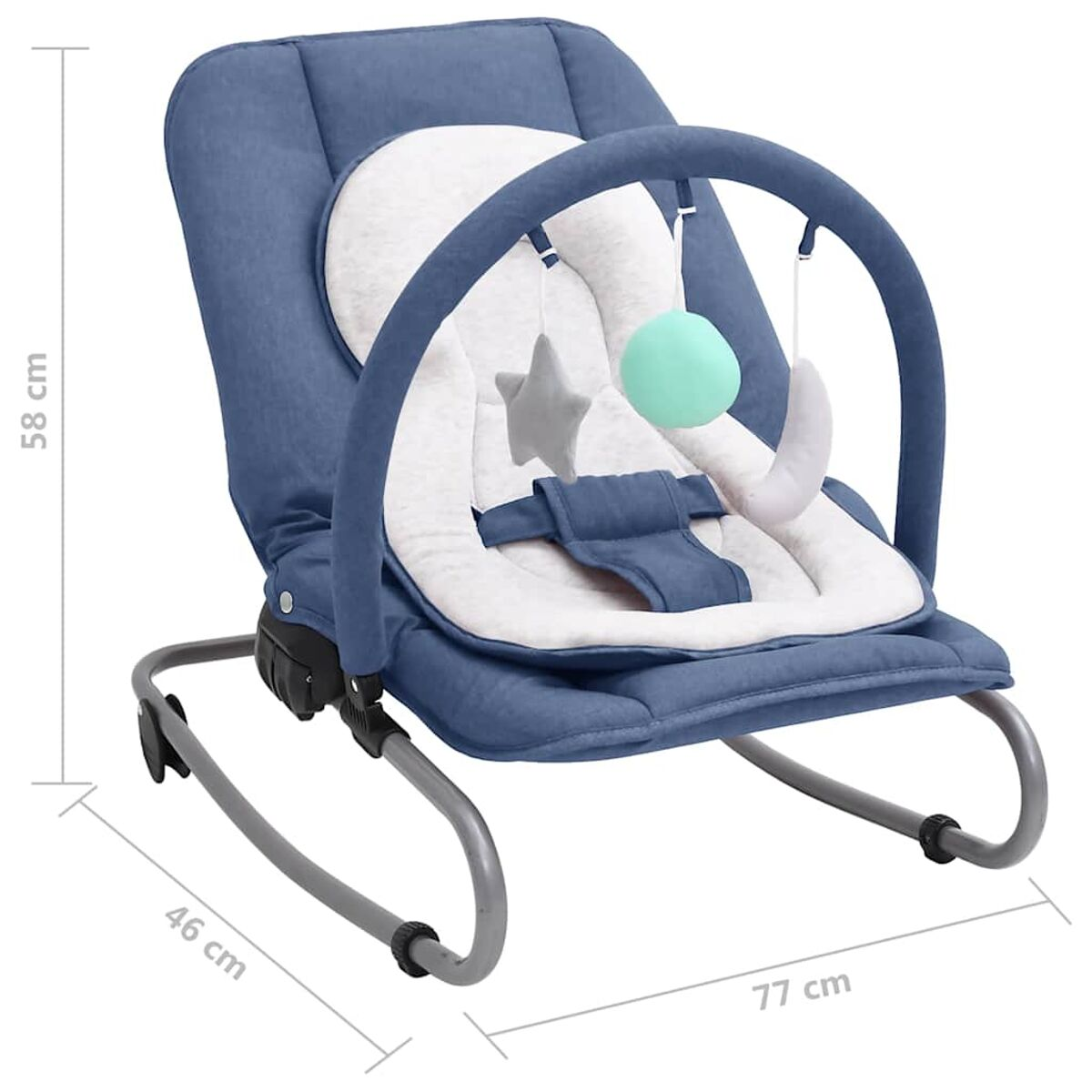 Babywippe in Blau und Grau mit Stern und Spielzeug. Maße auf dem Bild angegeben.
