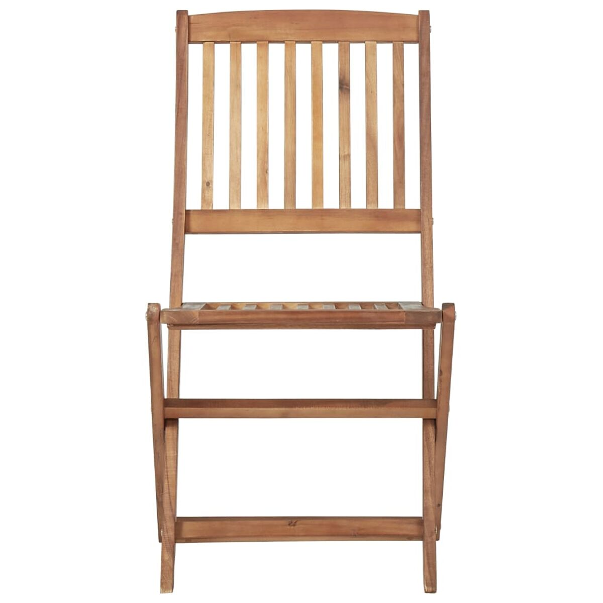 Klappstuhl aus Holz, von vorne betrachtet. Er hat eine Lattenlehne und -sitz und eine natürliche Holzoberfläche.