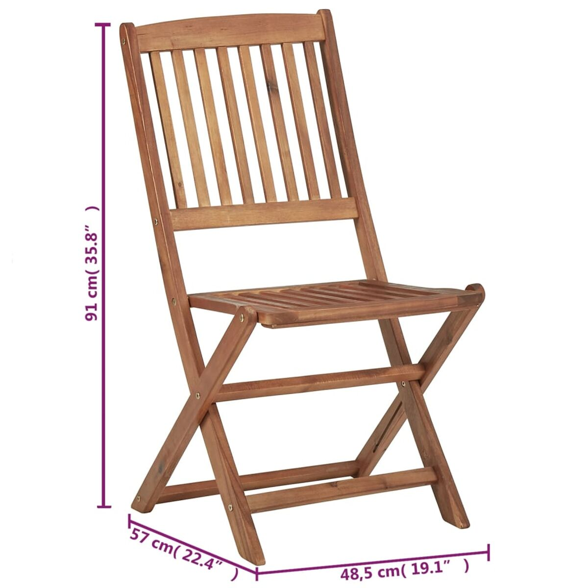 Klappstuhl aus Holz. Er hat eine Lattenlehne und einen Sitz, mit den im Bild angegebenen Maßen.