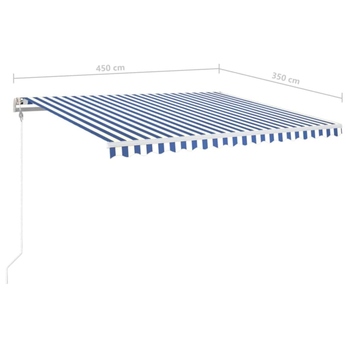 Ein gestreifter blau-weißer Markisenstoff mit den Maßen 450 cm x 350 cm vor weißem Hintergrund.