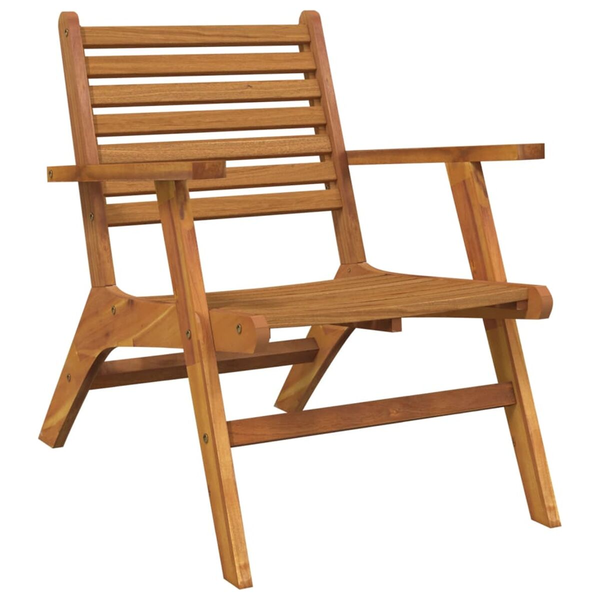Holzstuhl mit Armlehnen. Er hat eine Lattenlehne und Sitzfläche.