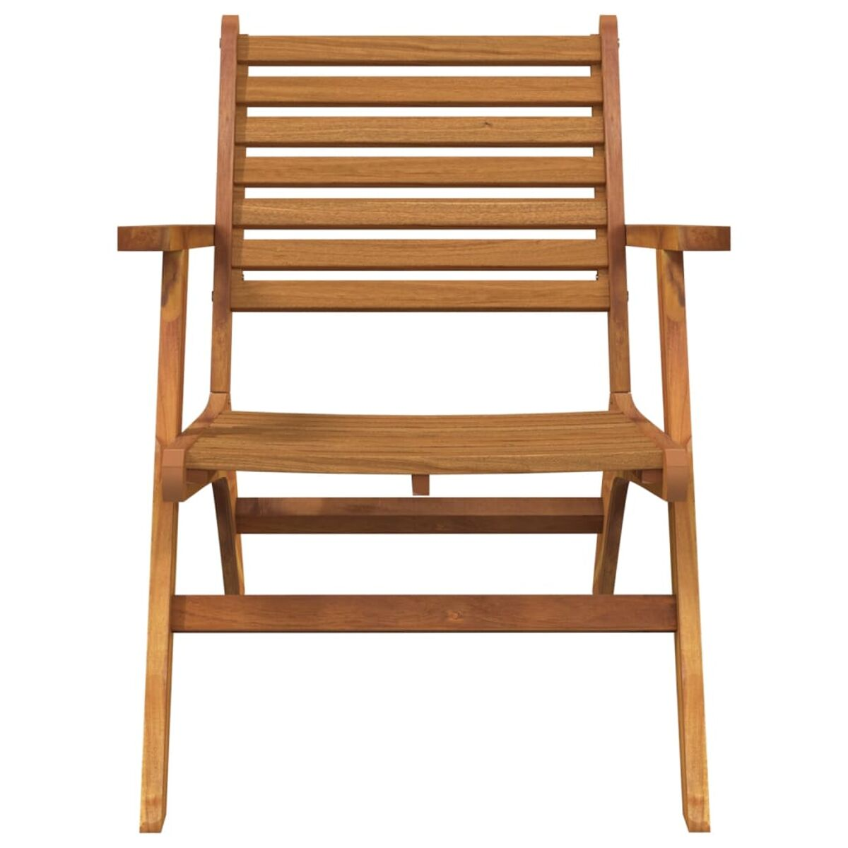 Ein Holzstuhl mit Armlehnen, von vorne betrachtet.