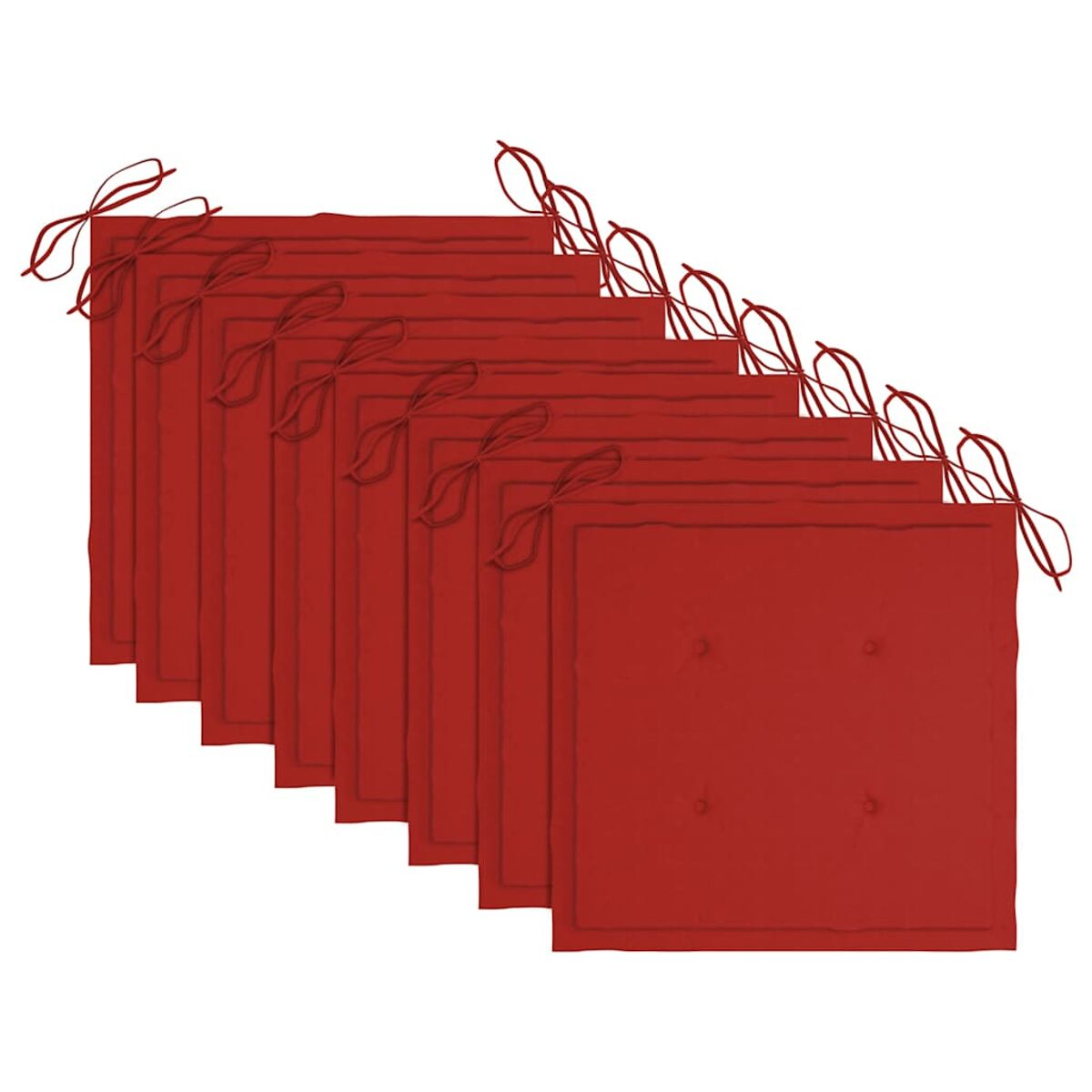 Acht rote quadratische Kissen mit Bindebändern. Diagonal angeordnet. Weißer Hintergrund.