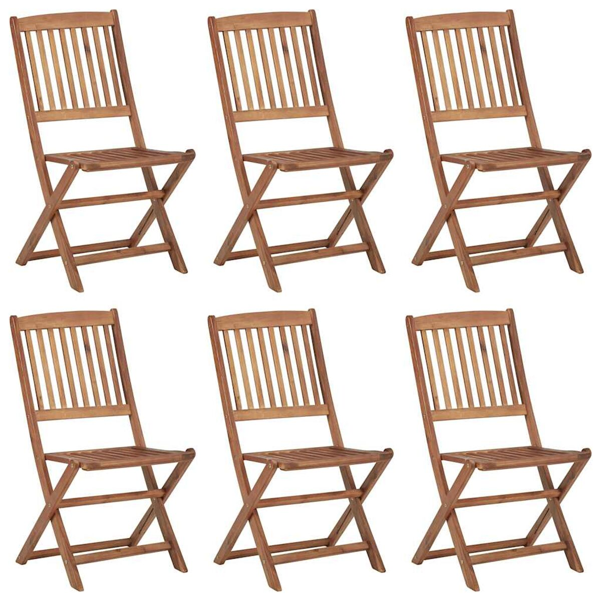 Sechs Holz-Klappstühle in einer Reihe angeordnet, isoliert auf weißem Hintergrund.