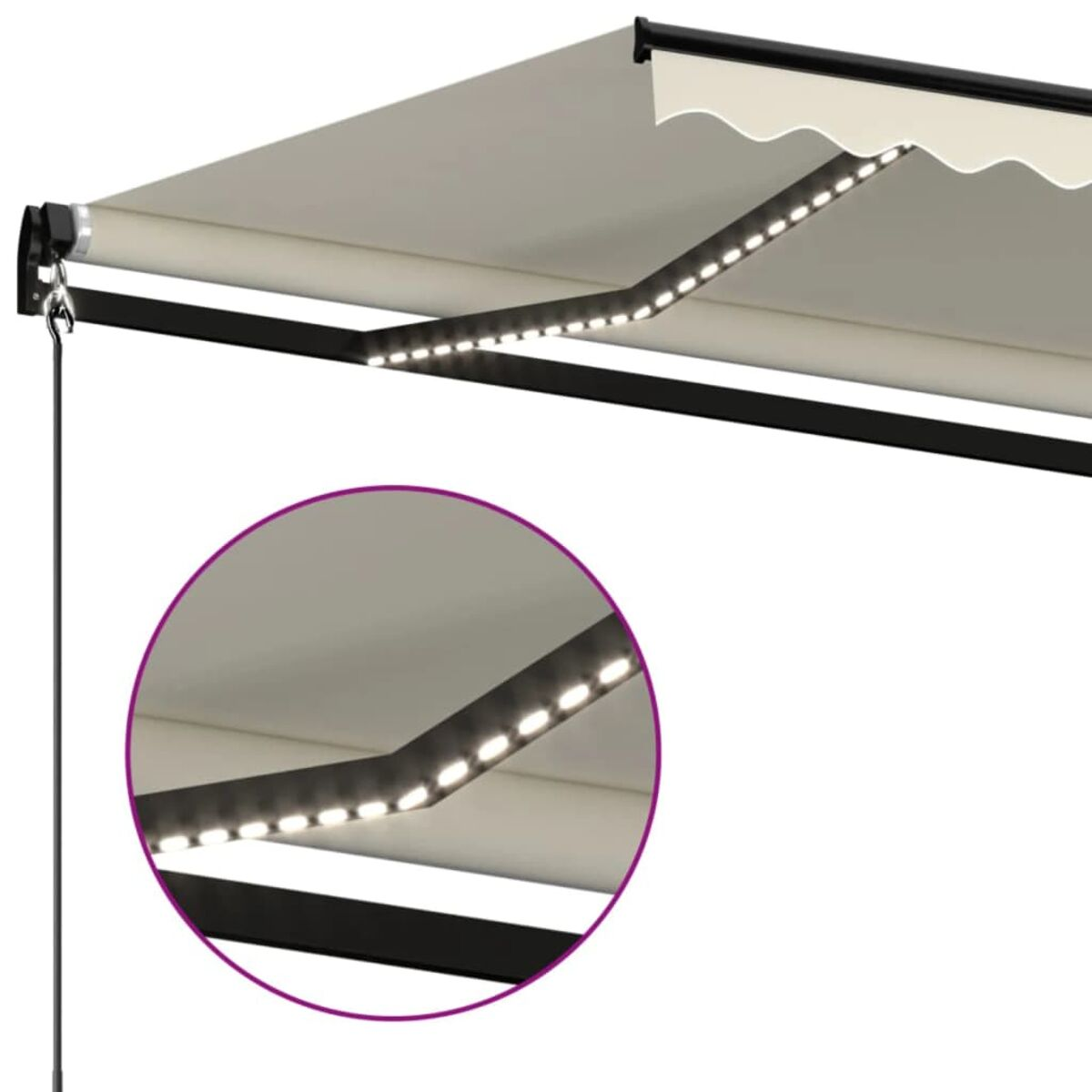 Creme Markise mit eingebauten Lichtern. Nahaufnahme der Lichter. Weißer Hintergrund.