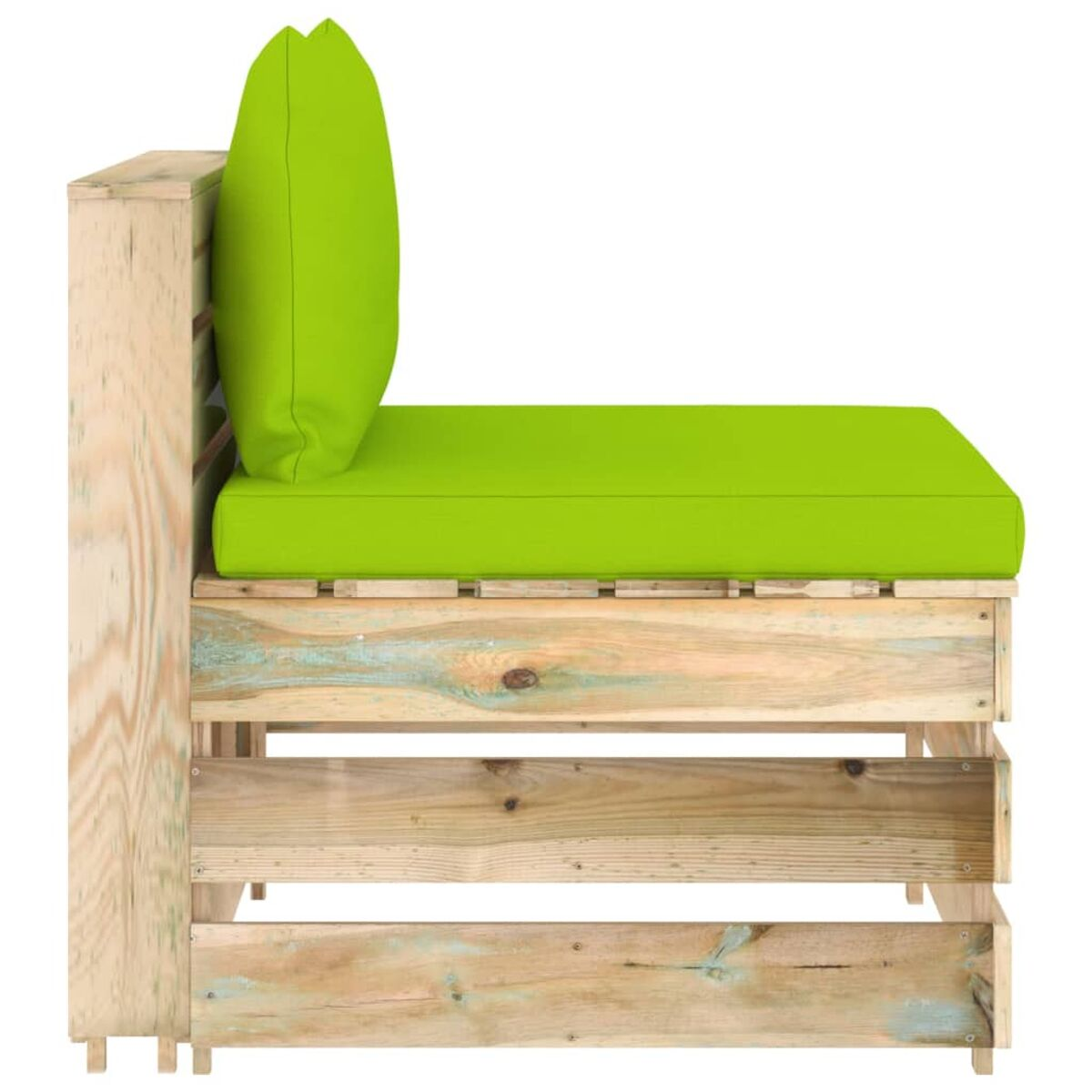 Palettensofa mit grünem Kissen und Kissen. Das Holz ist verwittert.