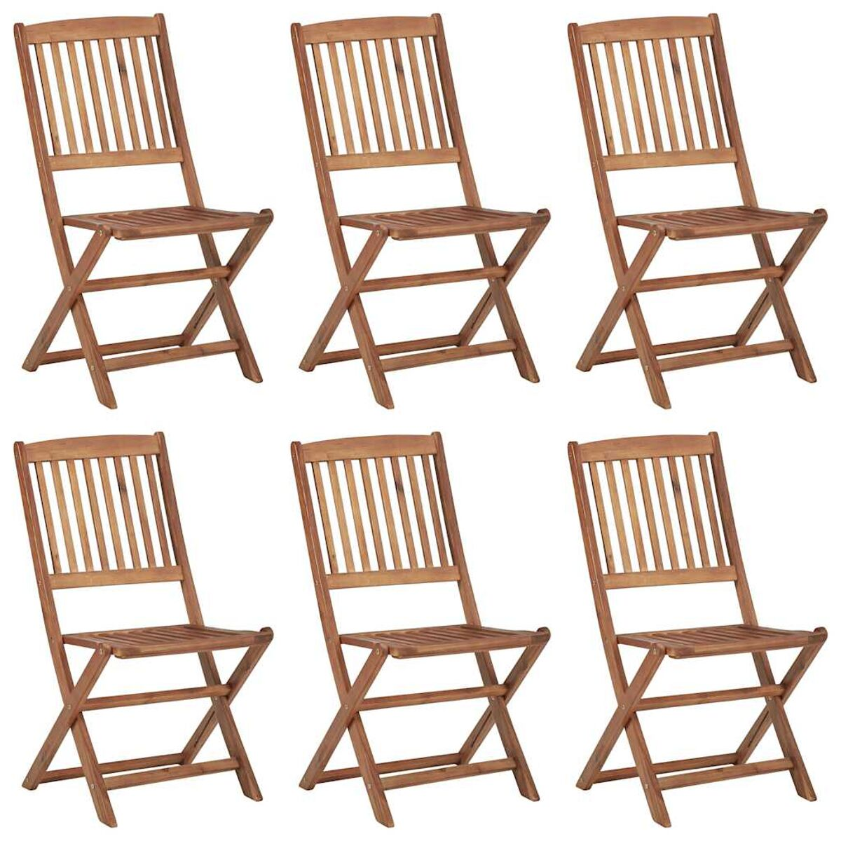 Sechs Klappstühle aus Holz. Sie sind geöffnet.