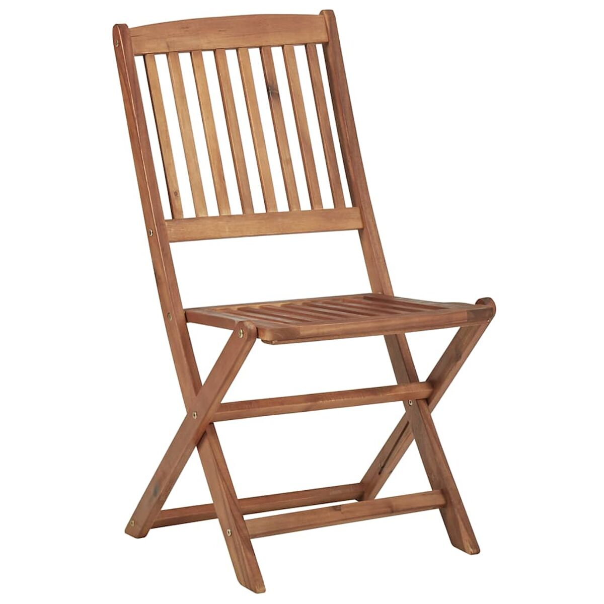 Ein brauner Holzklappstuhl mit Latten und einem Latten-Sitz.