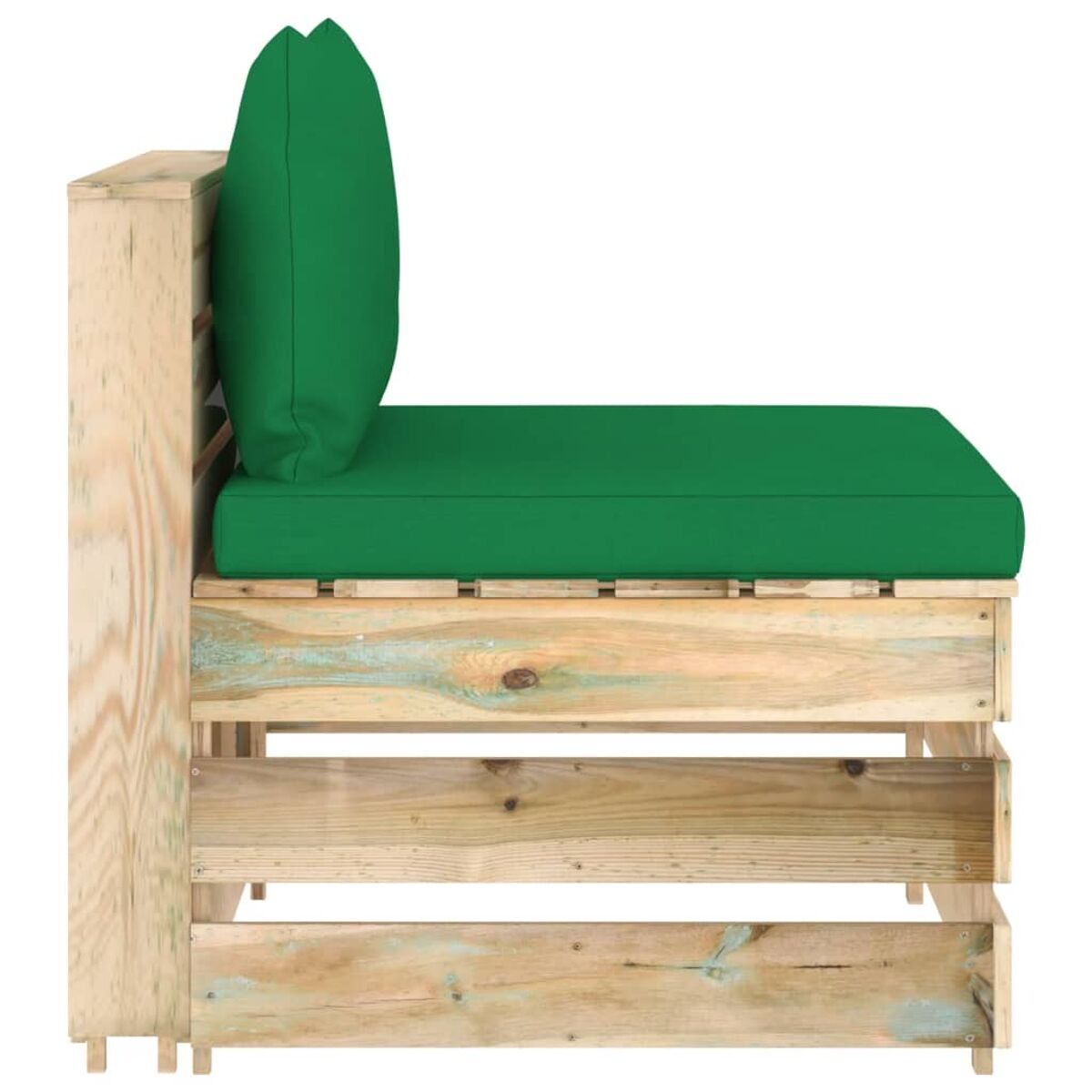 Holzpalettencouch mit grünem Kissen und Kissen. Seitenansicht. Weißer Hintergrund.
