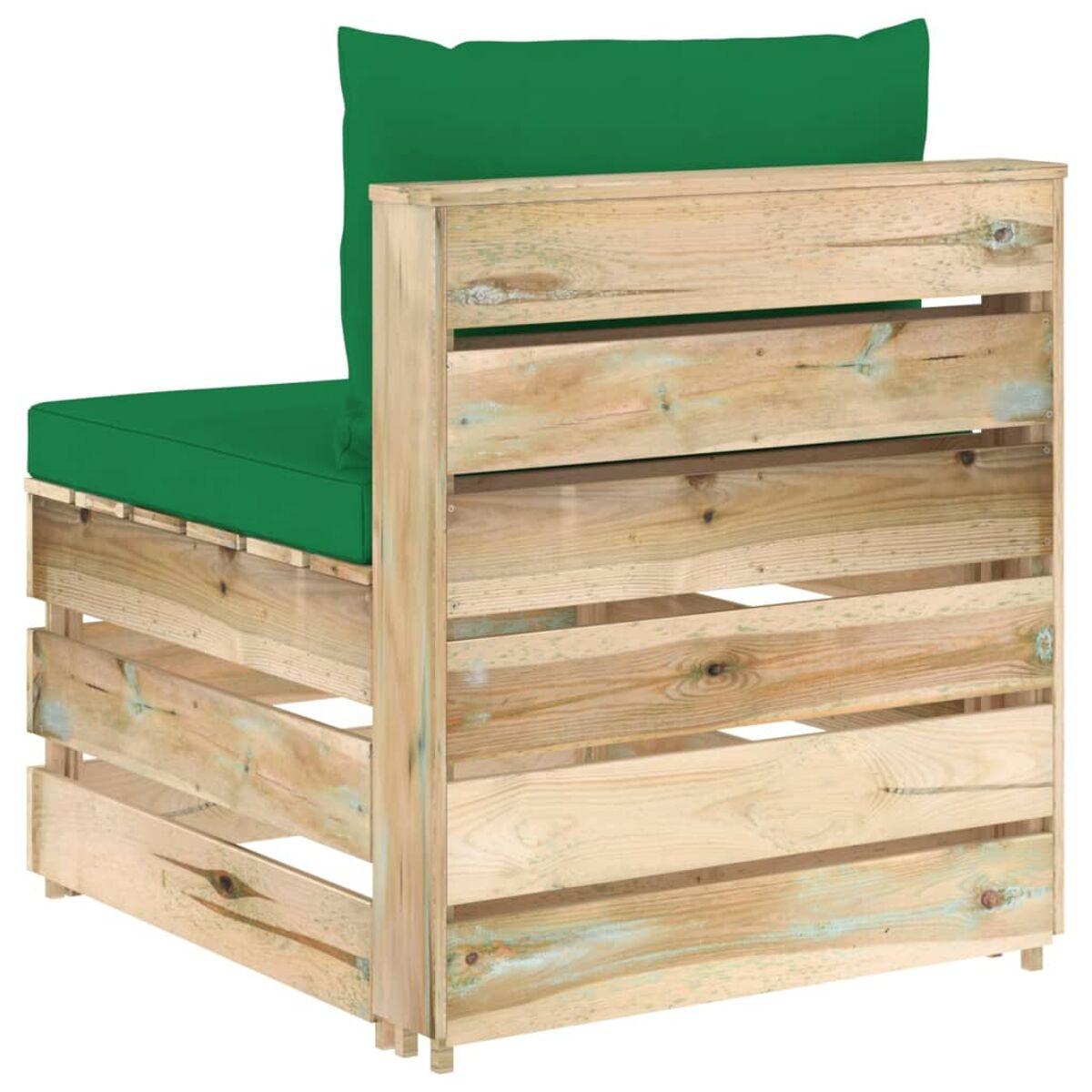Holzsofa mit grünem Kissen und Rückenlehne.