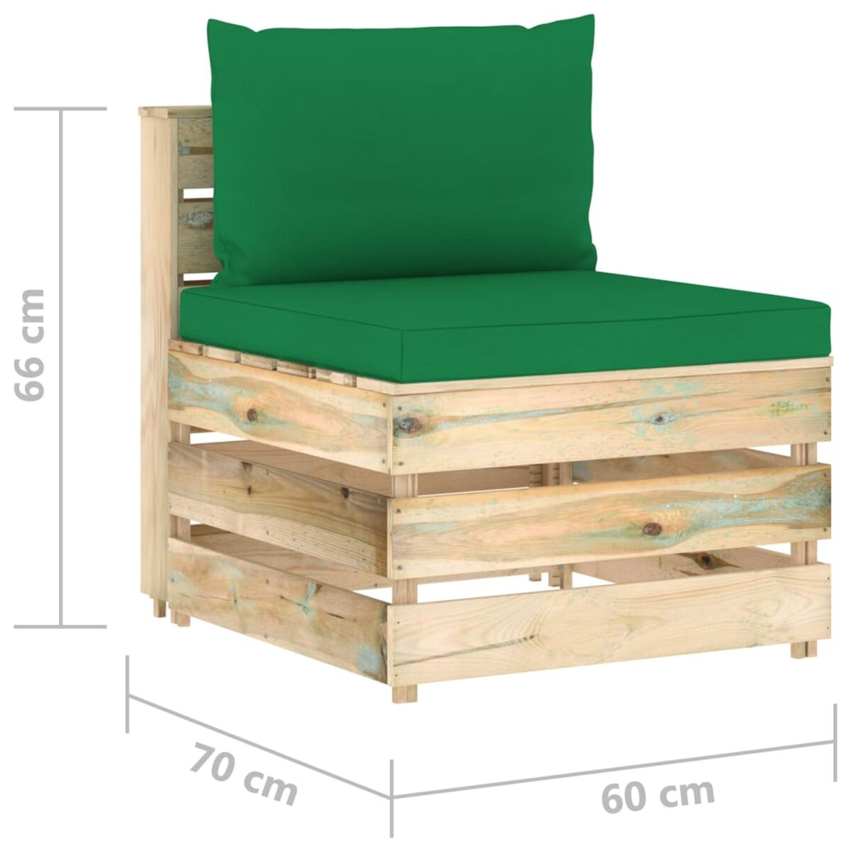 Holzpalettenstuhl mit grünem Kissen. Zeigt die Vorderseite des Stuhls mit Maßen. Weißer Hintergrund.