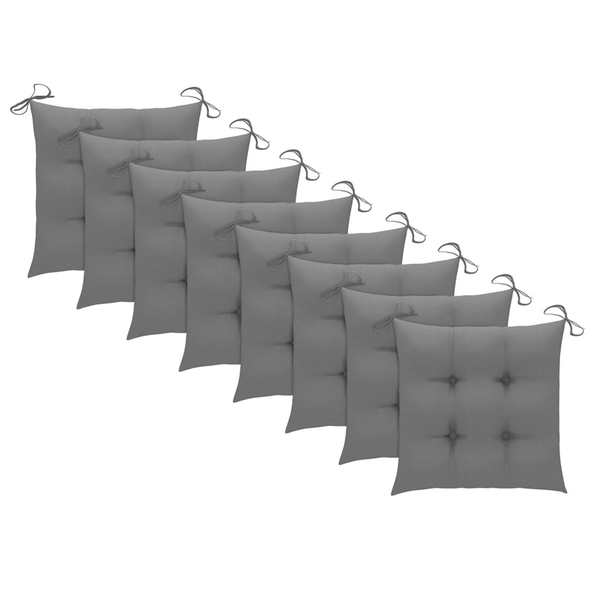 Sieben graue quadratische Sitzkissen mit Bindebändern. Sie sind diagonal angeordnet.