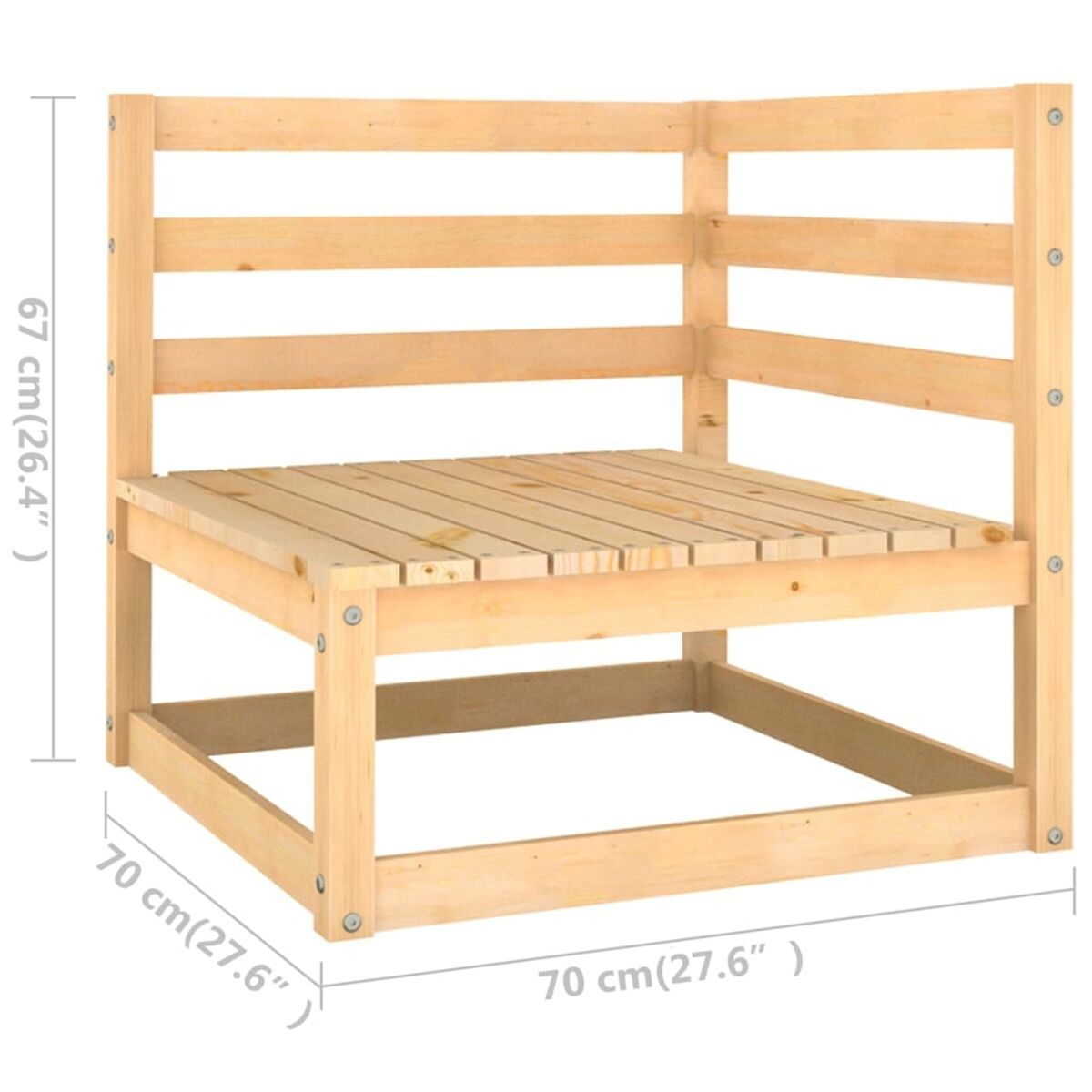 Ecksofa aus Holz. Die Abmessungen betragen 70x70x67 cm. Es ist hellbraun.