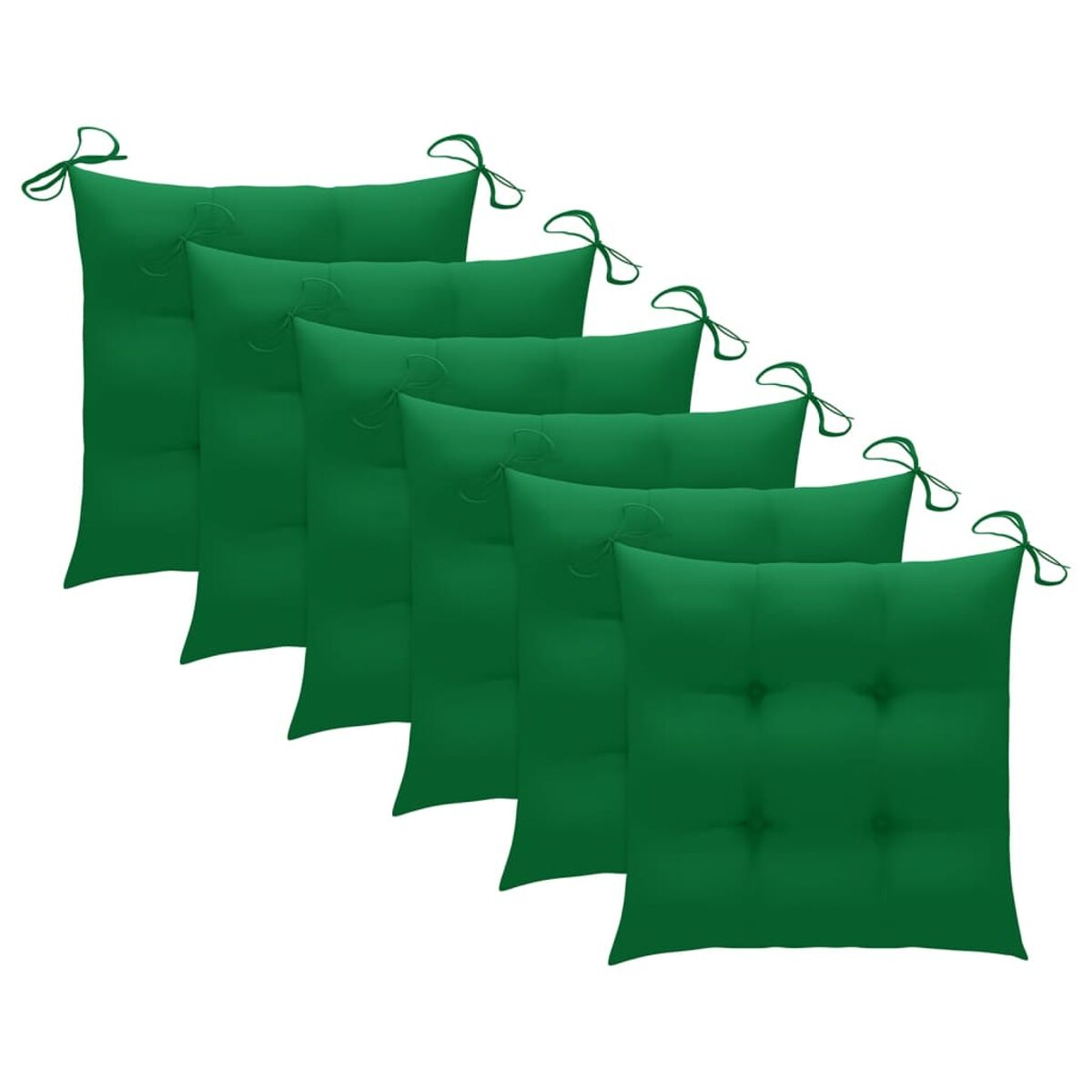 Sechs grüne Sitzkissen mit Bindebändern, diagonal auf weißem Hintergrund angeordnet.