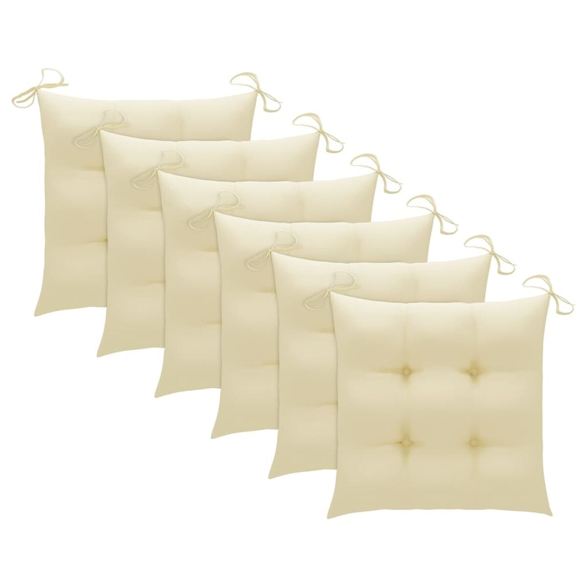 Sechs beige Sitzkissen. Sie haben Bindungen und ein geknöpftes Design.