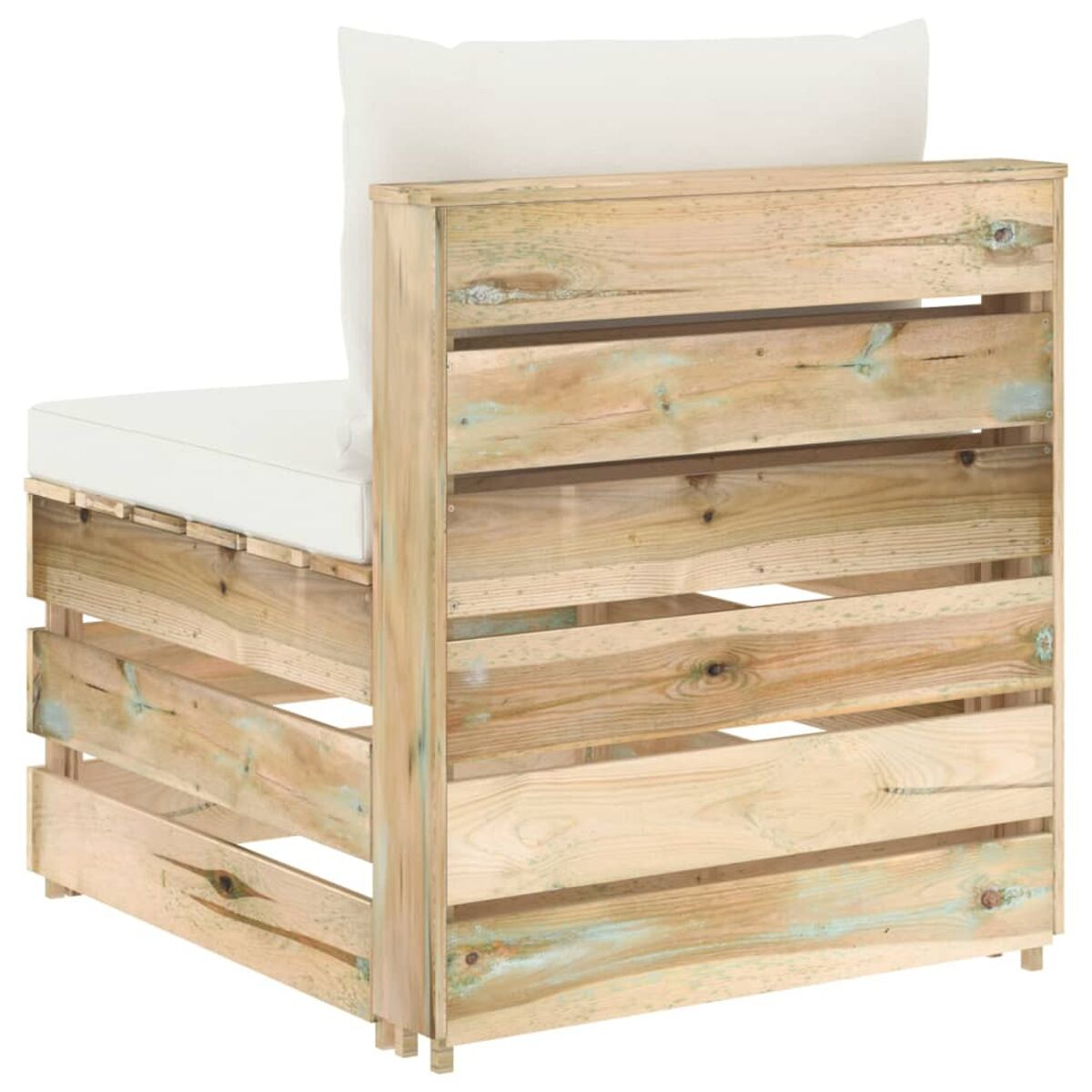 Holzstuhl mit weißem Kissen. Der Stuhl ist aus hellem Holz gefertigt. Seitenansicht.