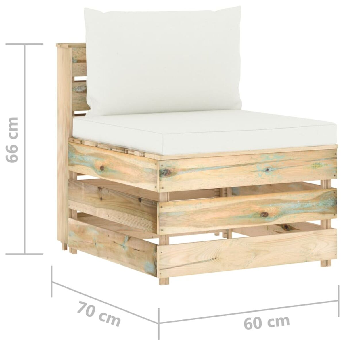 Holzpalettenstuhl mit weißem Kissen. Rustikales Design. Maße: 70x60cm Basis, 66cm Höhe.