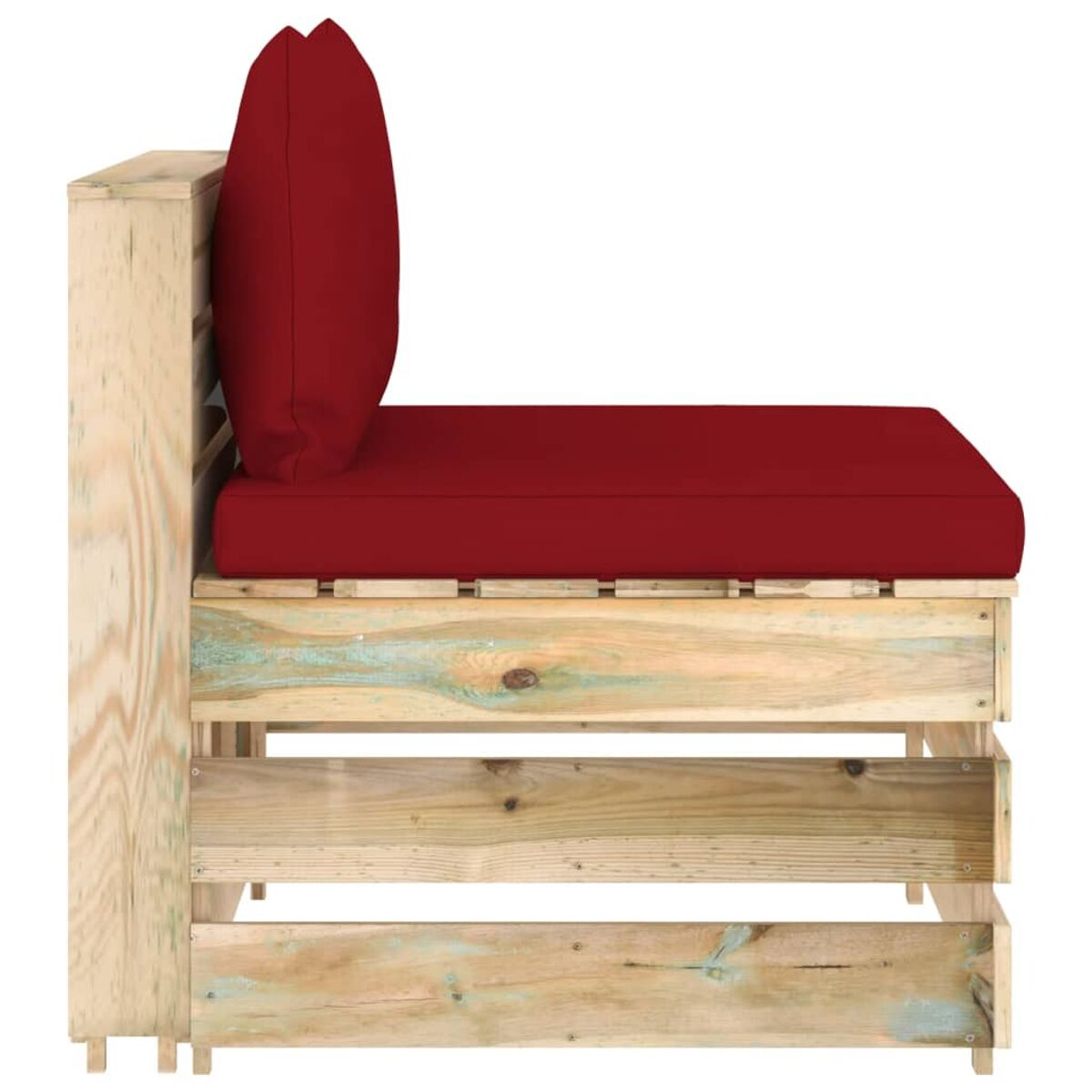Holzpalettensofa mit rotem Kissen. Seitenansicht, helles Holz.