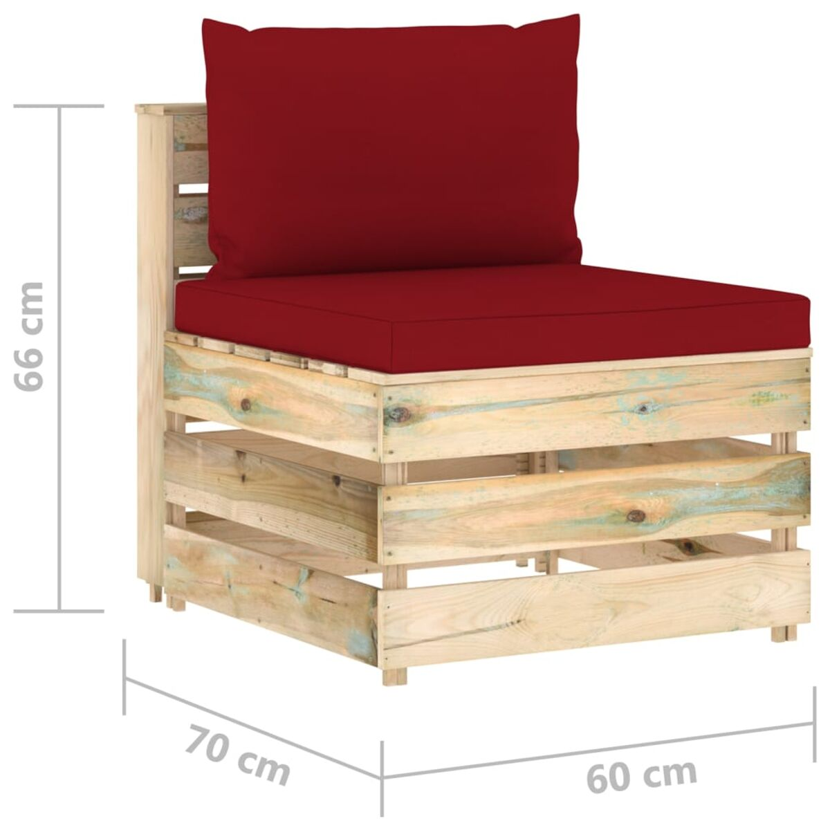 Holzpalettenstuhl mit rotem Kissen und Abmessungen in Zentimetern.