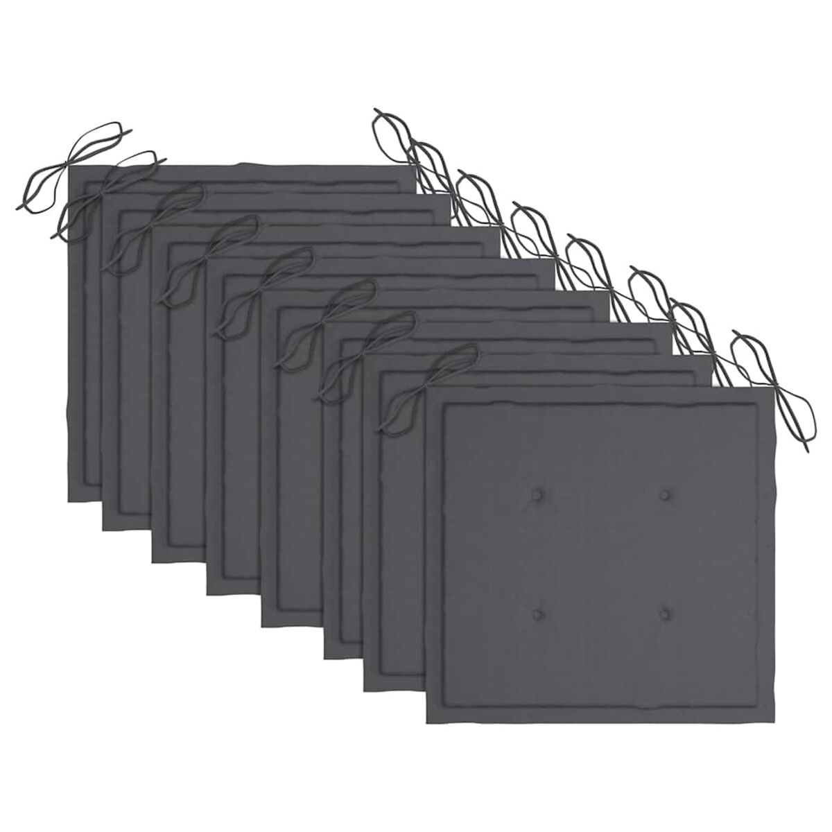Sieben dunkelgraue quadratische Kissen mit Bändern. Die Kissen haben einen Knopf in der Mitte und befinden sich auf weißem Hintergrund.