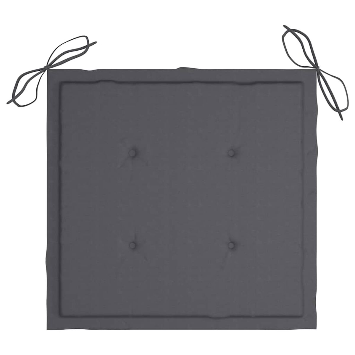 Graues quadratisches Kissen mit Knöpfen. Schwarze Bindebänder an den oberen Ecken. Dunkelgrauer Stoff.