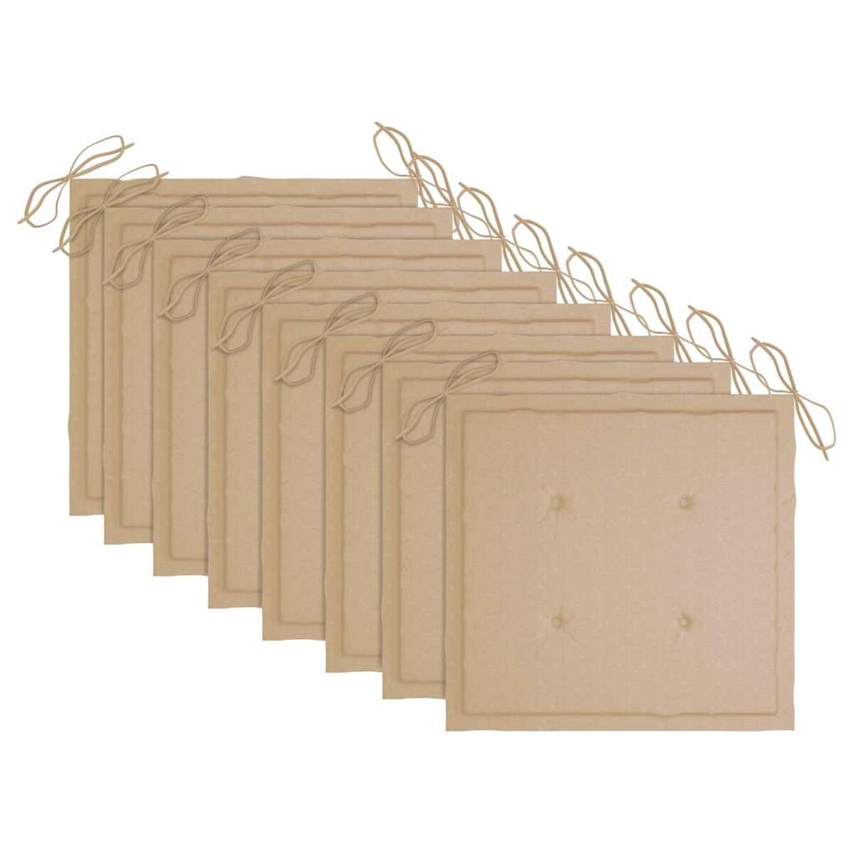 Neun beige quadratische Sitzkissen mit Bindebändern, vor weißem Hintergrund.