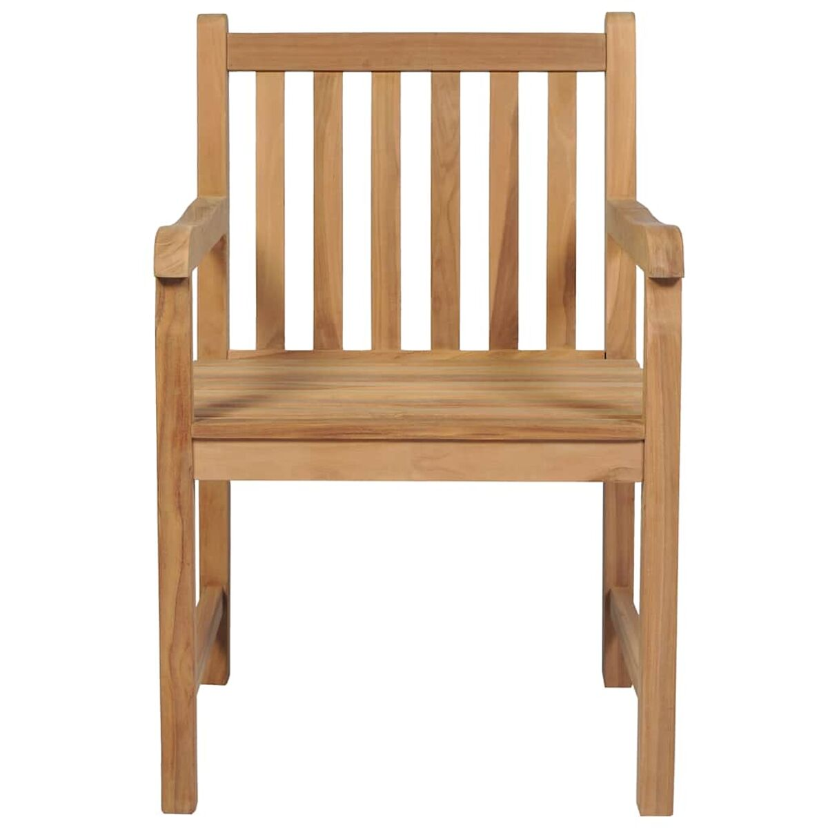 Holzstuhl mit Armlehnen, Lattenrücken und Sitz. Er ist aus hellbraunem Holz gefertigt.