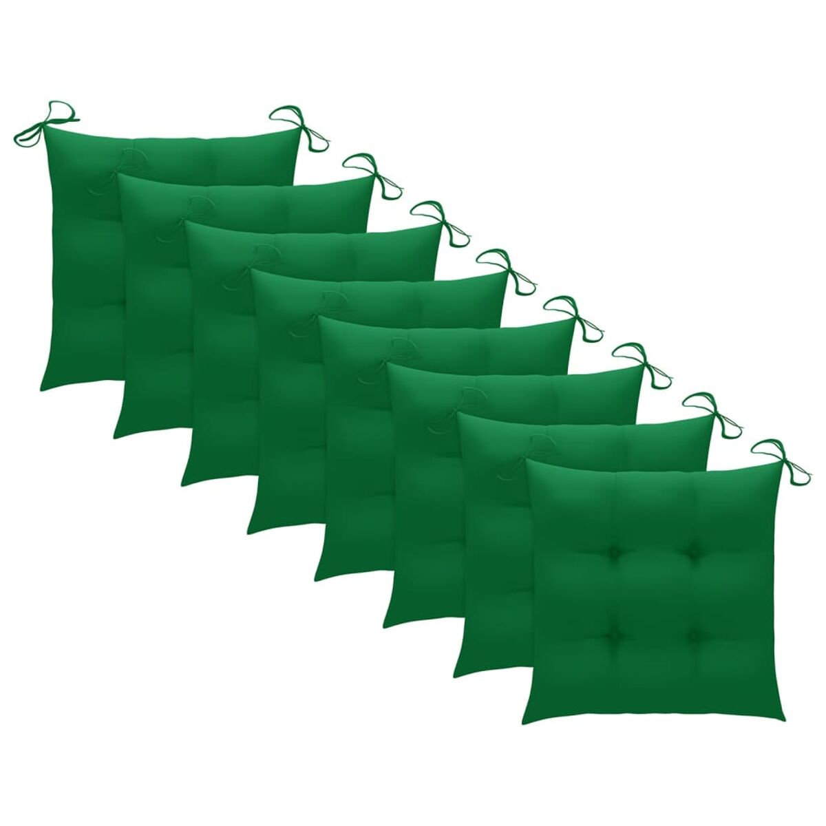 Grüne Kissen, getuftet, mit Bindebändern, weißer Hintergrund.