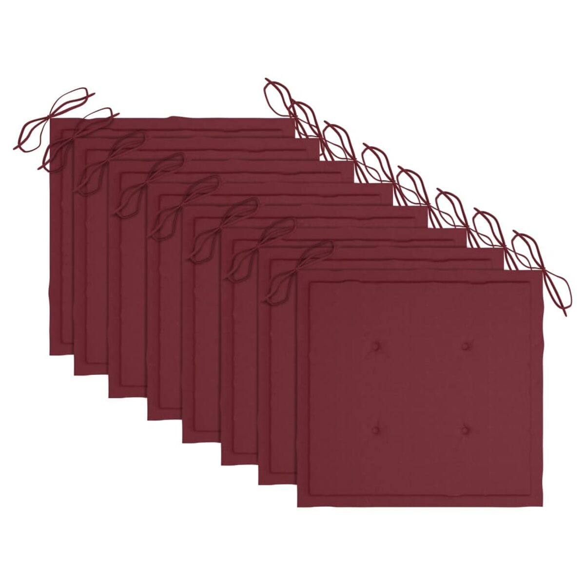 Ein Set aus neun weinroten quadratischen Sitzkissen mit Bindebändern.