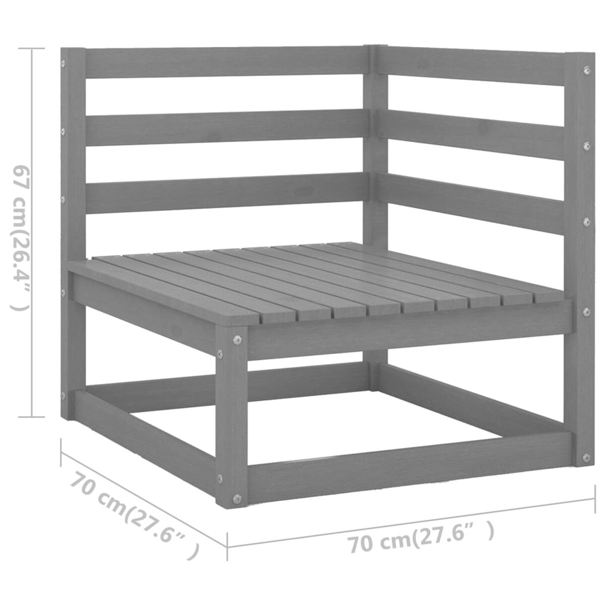 Graues Ecksofa aus Holz. Abmessungen sind 70x70x67cm. Ein modernes Möbelstück.