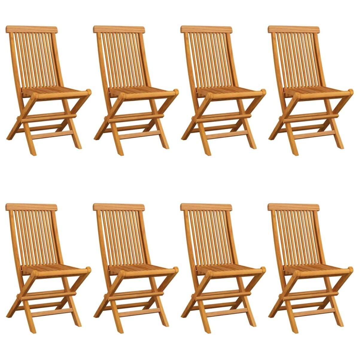 Acht Holzklappstühle, angeordnet auf weißer Oberfläche.