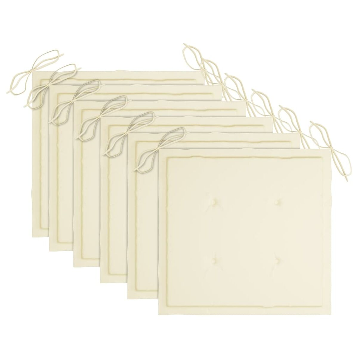 Sechs quadratische Sitzkissen. Sie sind hellbeige mit Bindebändern. Die Kissen sind in einer Reihe angeordnet.