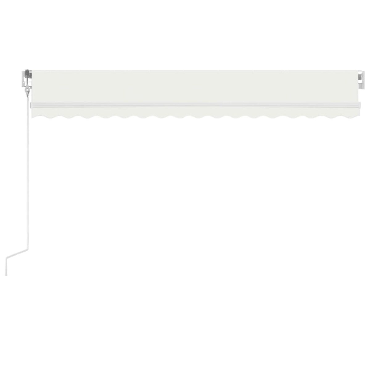 Cremefarbene Markise, an weißer Wand montiert. Mit gewelltem Rand und Zugschnur.