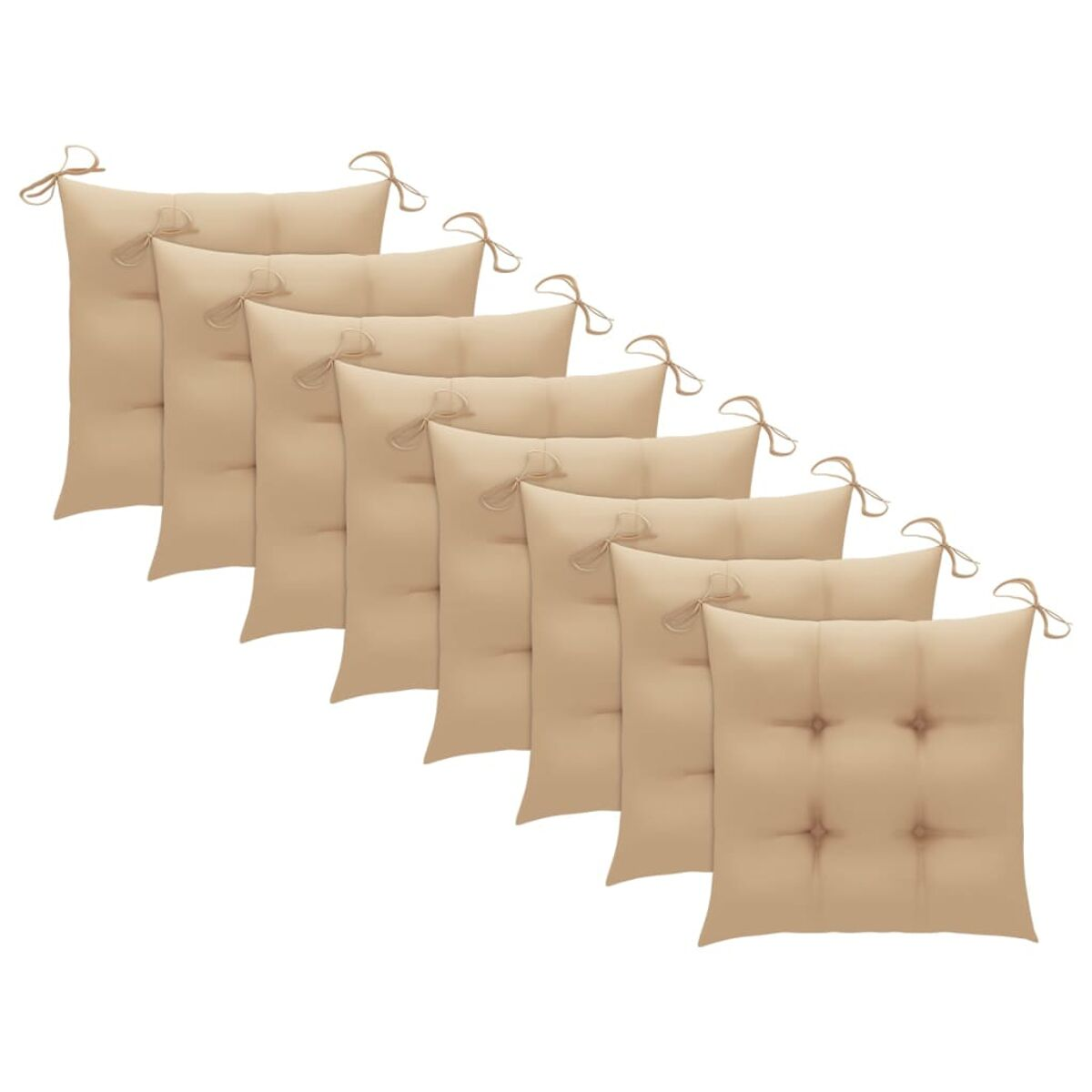 Acht beige Sitzkissen mit Bindebändern, in einer Reihe angeordnet.